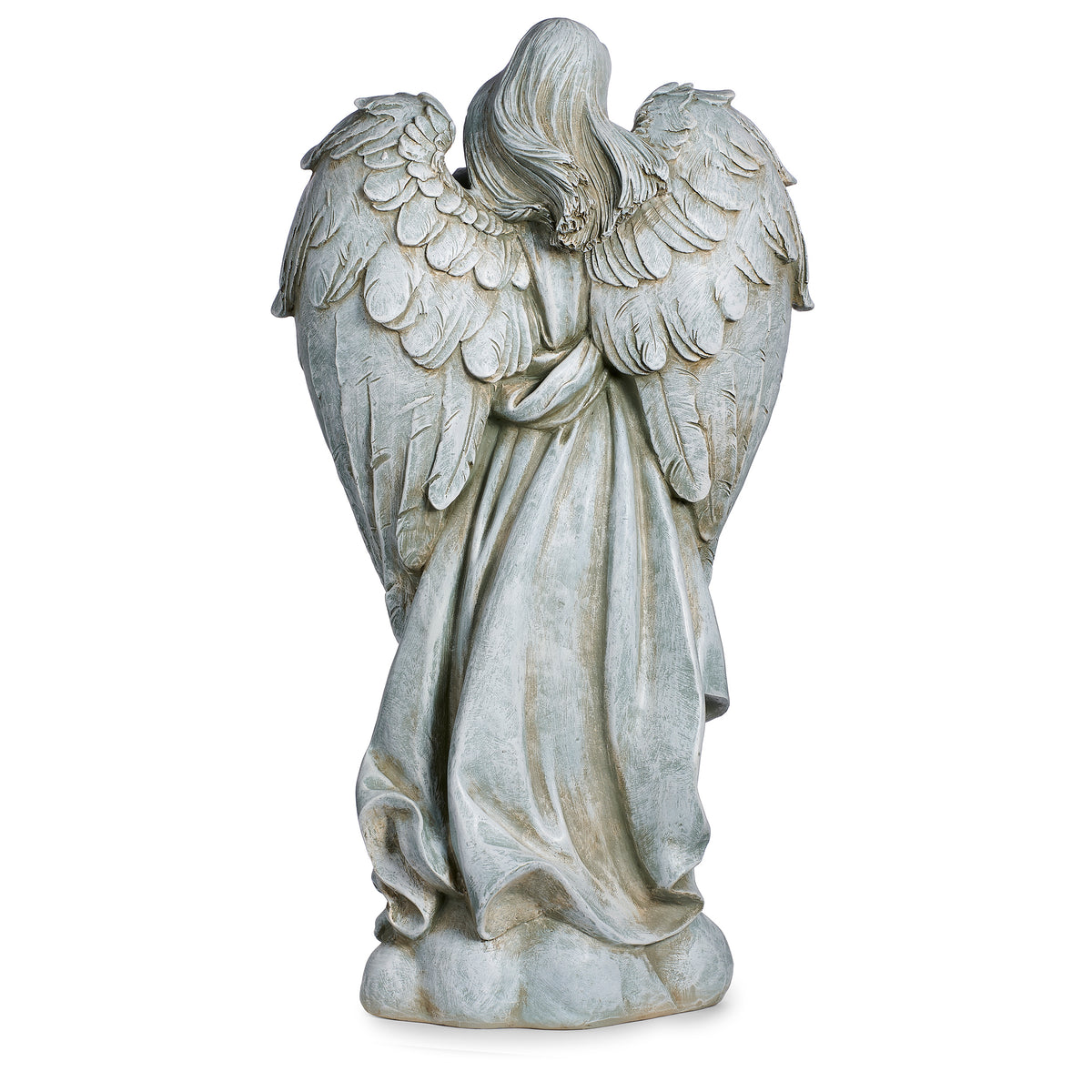 Back view of Joseph's Studio Angel Cradling Baby Garden Statue showing the large layered wings and flowing sculpted robes