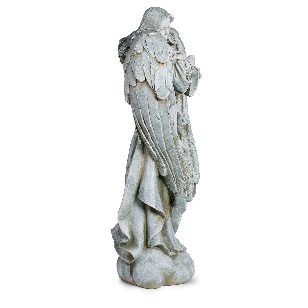 Opposite side view of Joseph's Studio Angel Cradling Baby Garden Statue showing the angel holding the baby close with detailed wing and robe textures