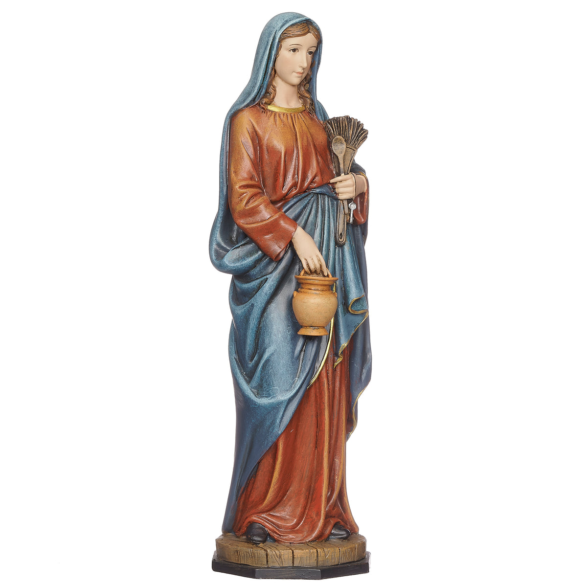 Front angled view of Joseph's Studio Kitchen Madonna Figure showing Mary holding kitchen utensils with flowing red and blue robes