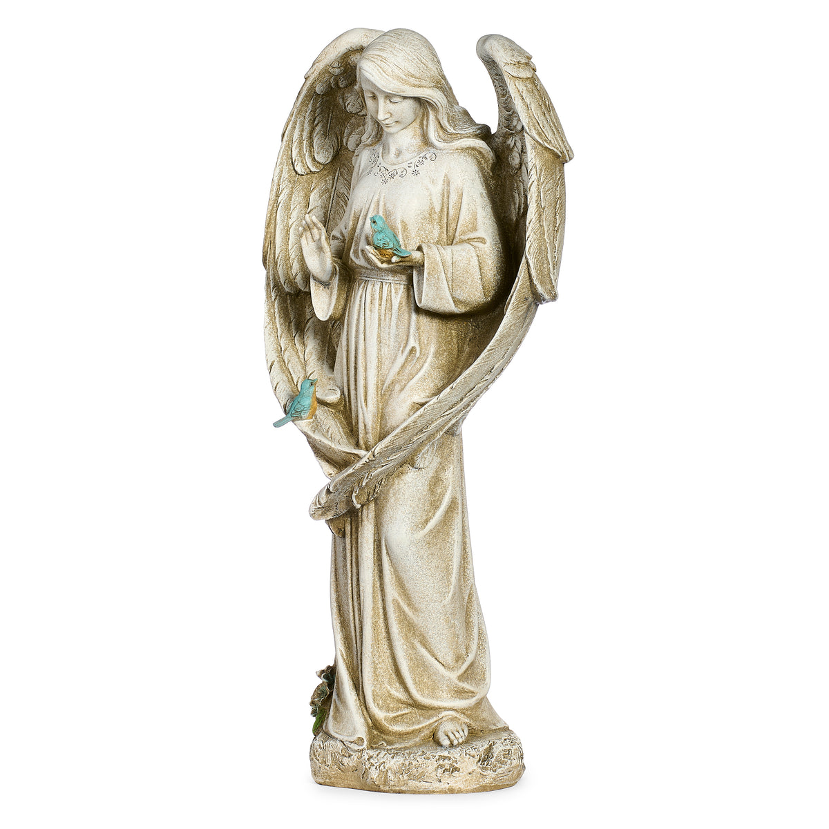 Front angled view of Joseph's Studio Angel with Two Bluebirds Garden Statue showing the raised hand, bluebird, flowing gown, and detailed wings