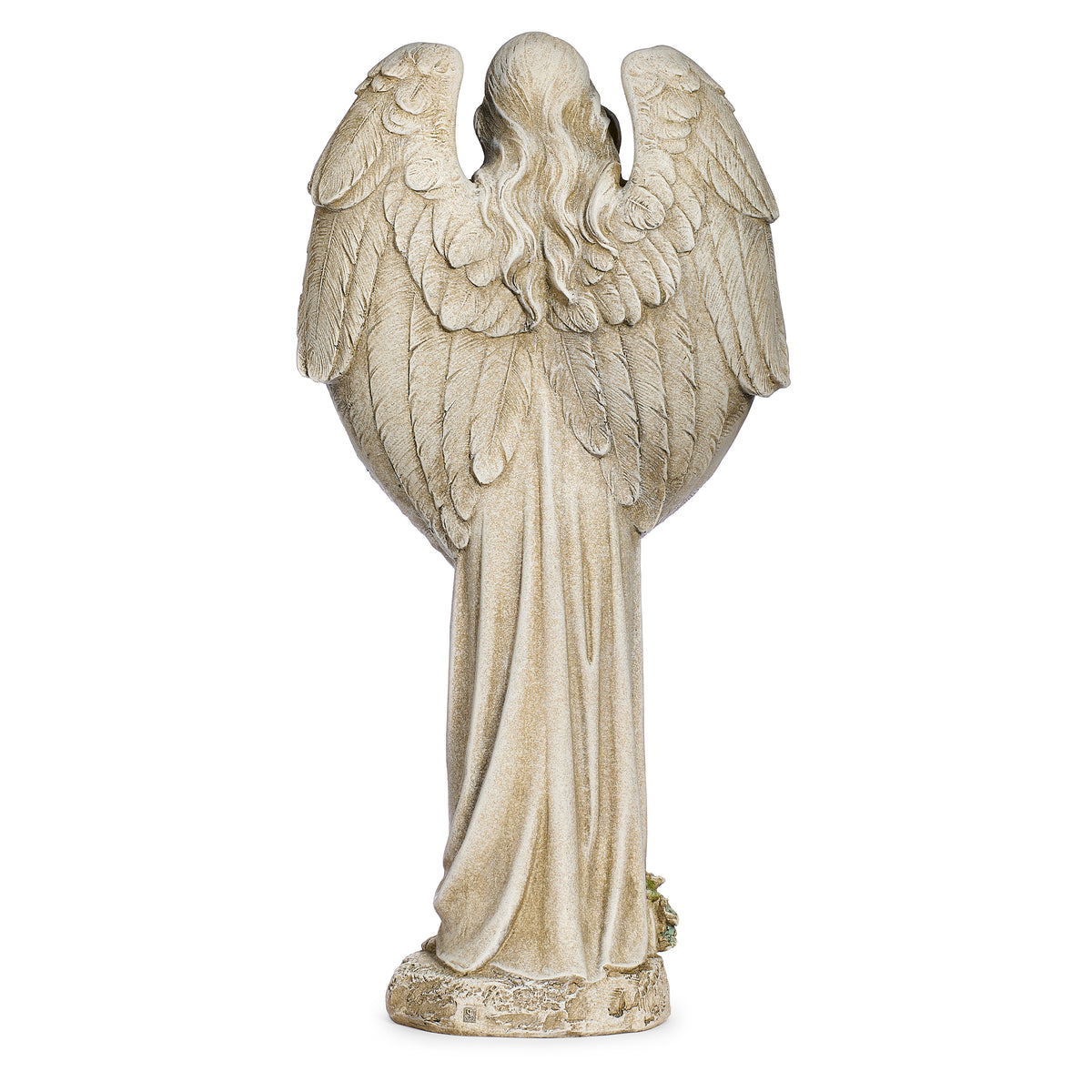 Back view of Joseph's Studio Angel with Two Bluebirds Garden Statue showing the large feathered wings and long flowing gown