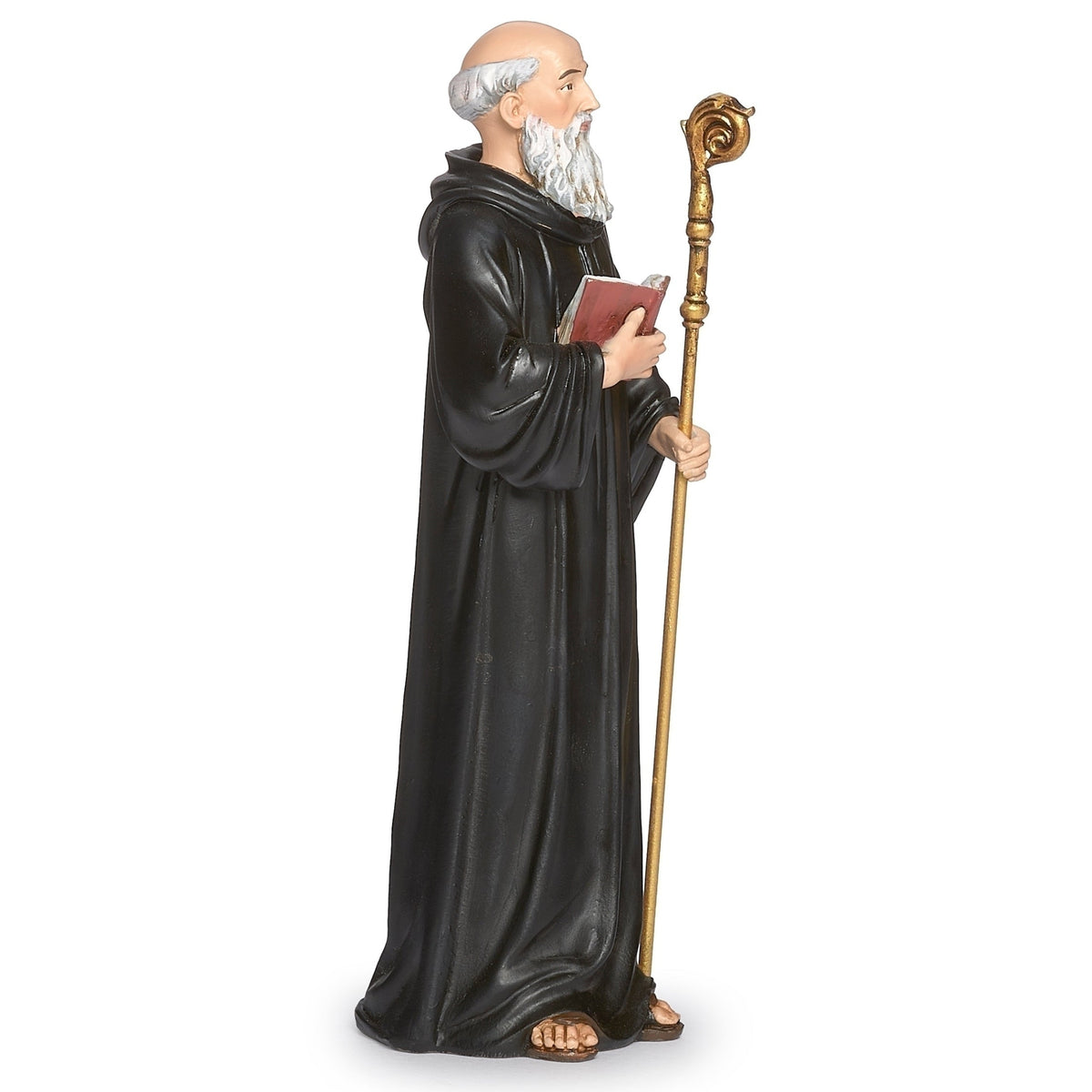 Side view of St. Benedict Renaissance Collection Figure showing the red book, staff, and flowing black robes