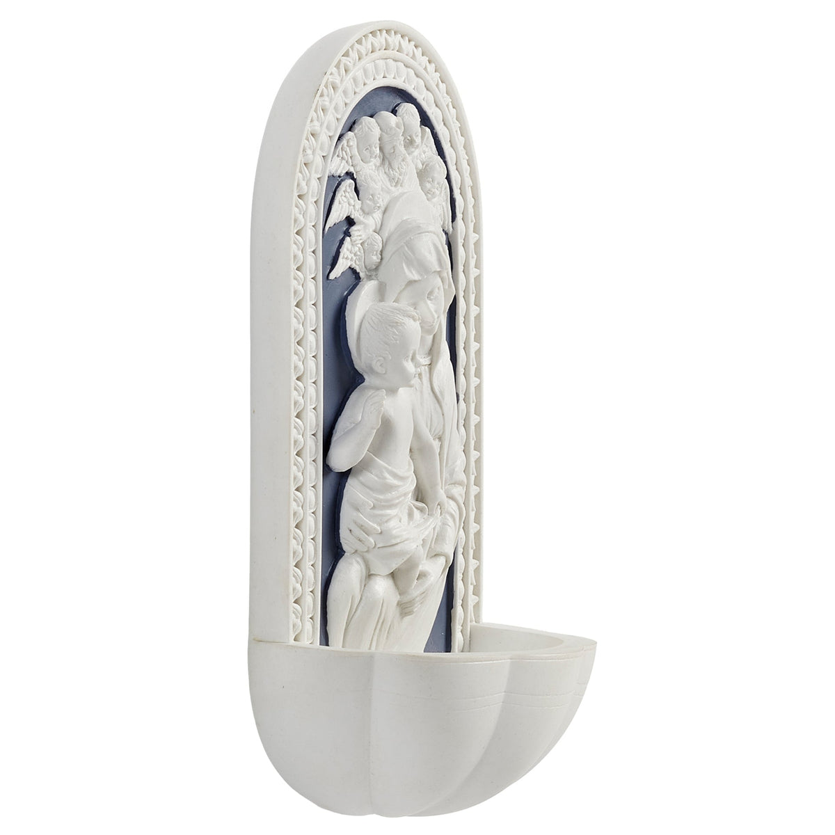 Opposite angled view of Madonna & Child Water Font highlighting the sculpted Madonna and Child relief and white basin