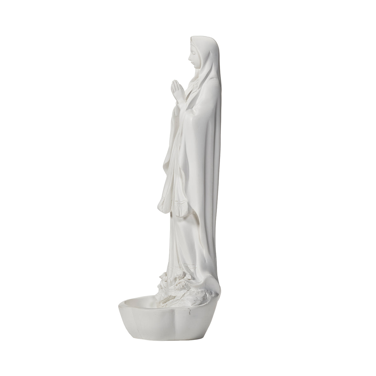 Side view of Our Lady of Lourdes Rosary Holder showing the flowing white robes and shallow rosary dish