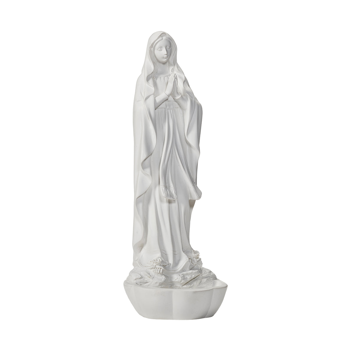 Opposite side view of Our Lady of Lourdes Rosary Holder showing the prayerful figure and small rosary dish at the base