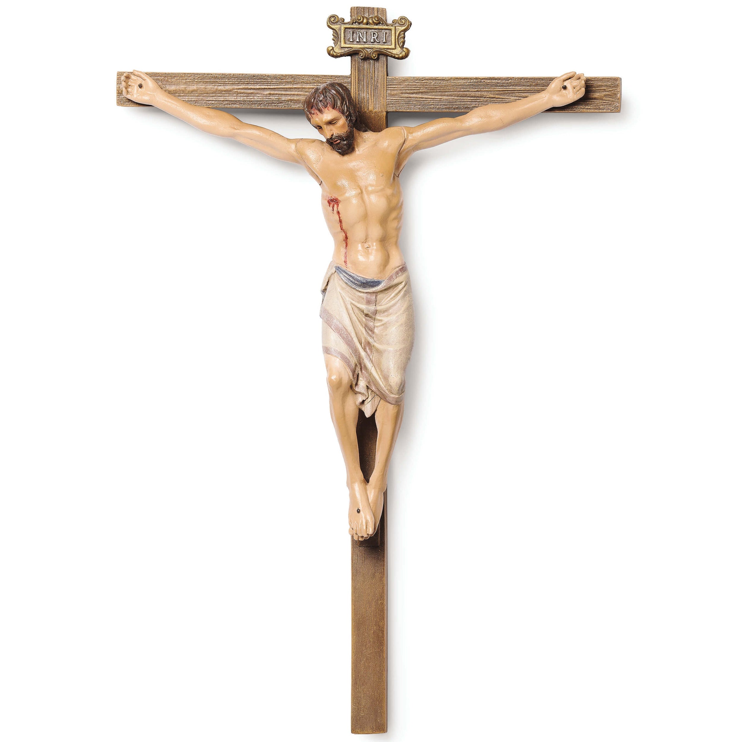 Statue of a crucified figure on a white background