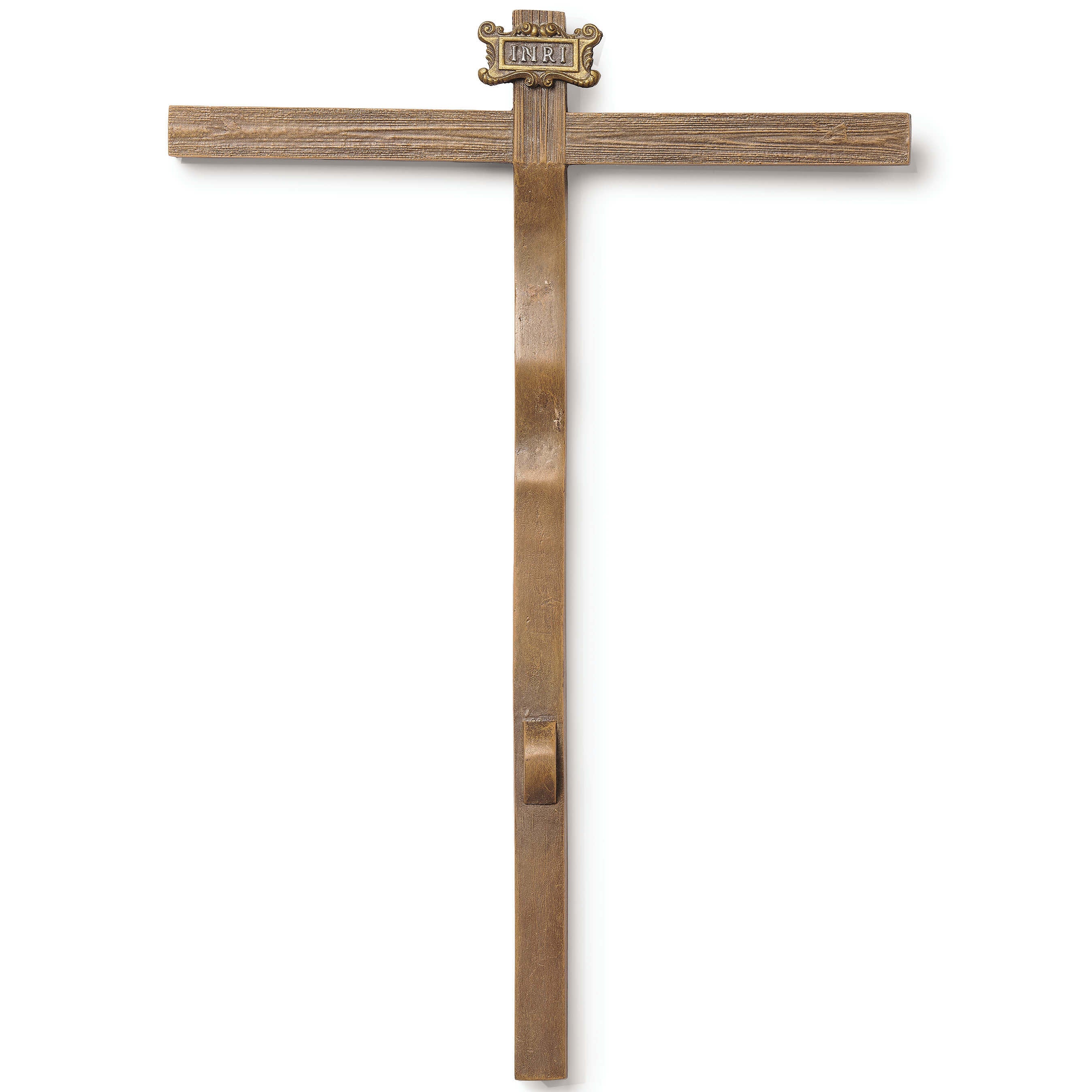 Wooden cross with decorative top on a white background