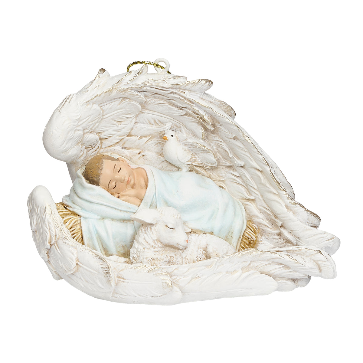Front angled view of Joseph's Studio Christ Child Sleeping in Wings Ornament highlighting baby Jesus, the surrounding angel wings, lamb, dove, and soft blue accents