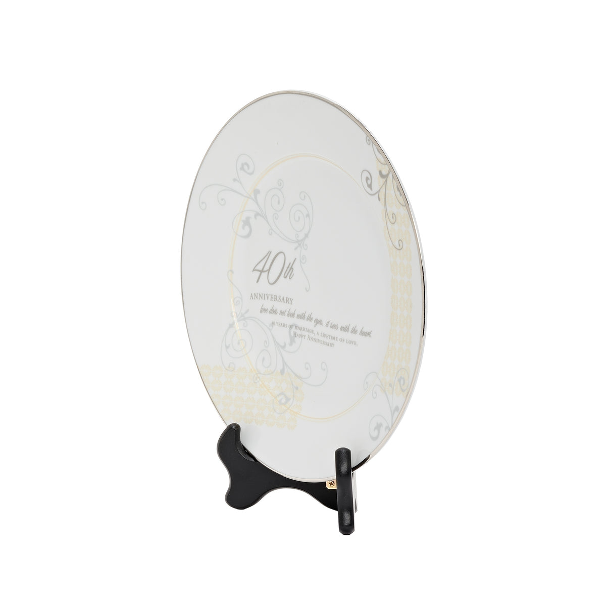 Angled front view of 40th anniversary plate showing its decorative rim and black display stand.