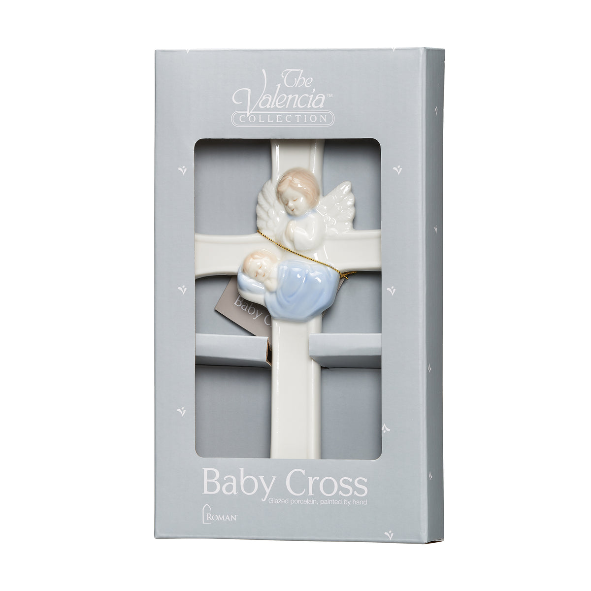 Blue Guardian Angel Wall Cross displayed in its Valencia Collection product packaging