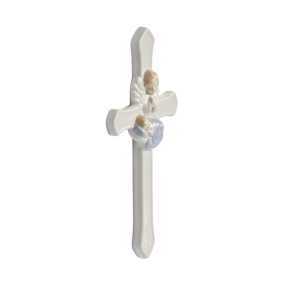 Front angled view of blue Guardian Angel Wall Cross showing the angel watching over the sleeping baby