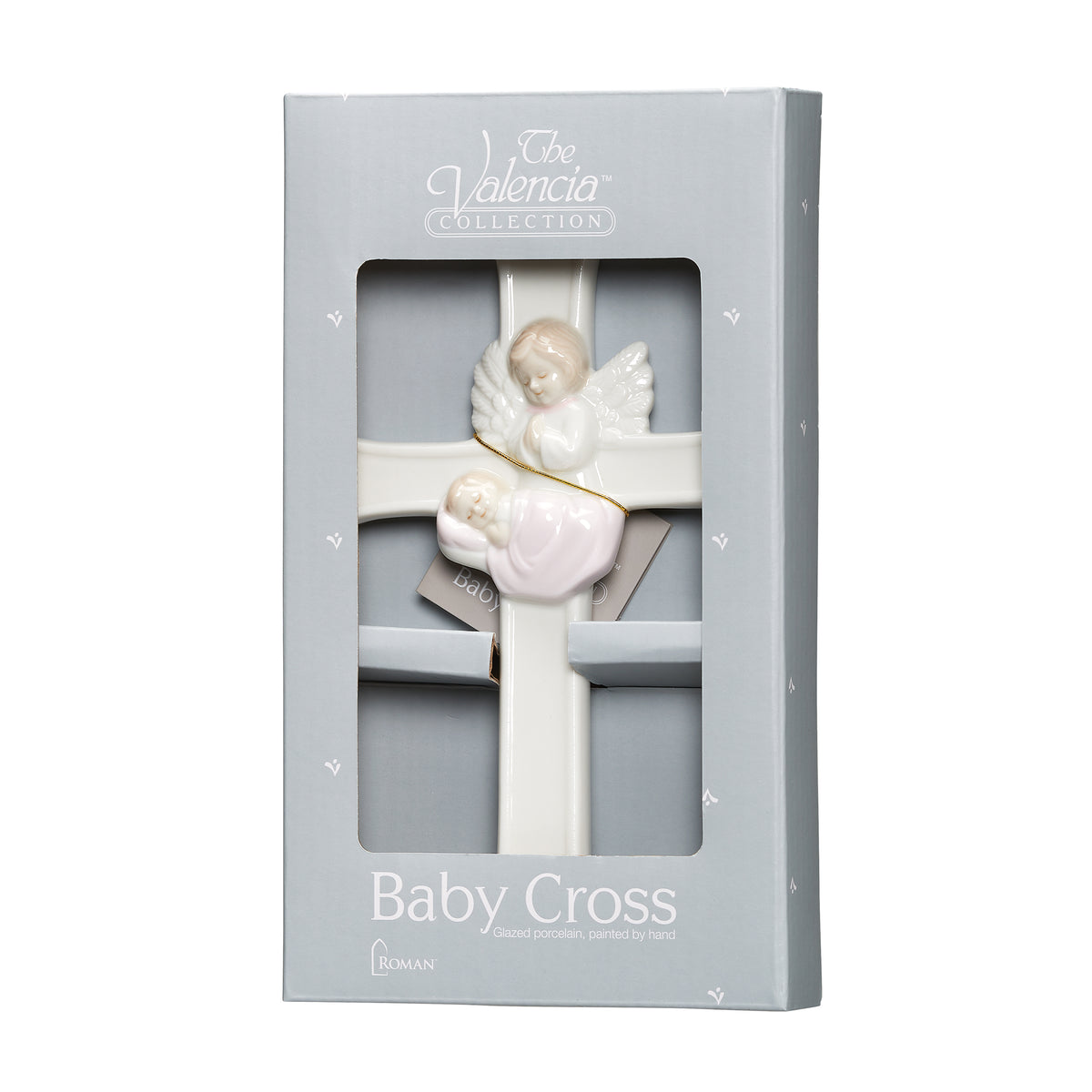 Pink Guardian Angel Wall Cross displayed in its Valencia Collection product packaging