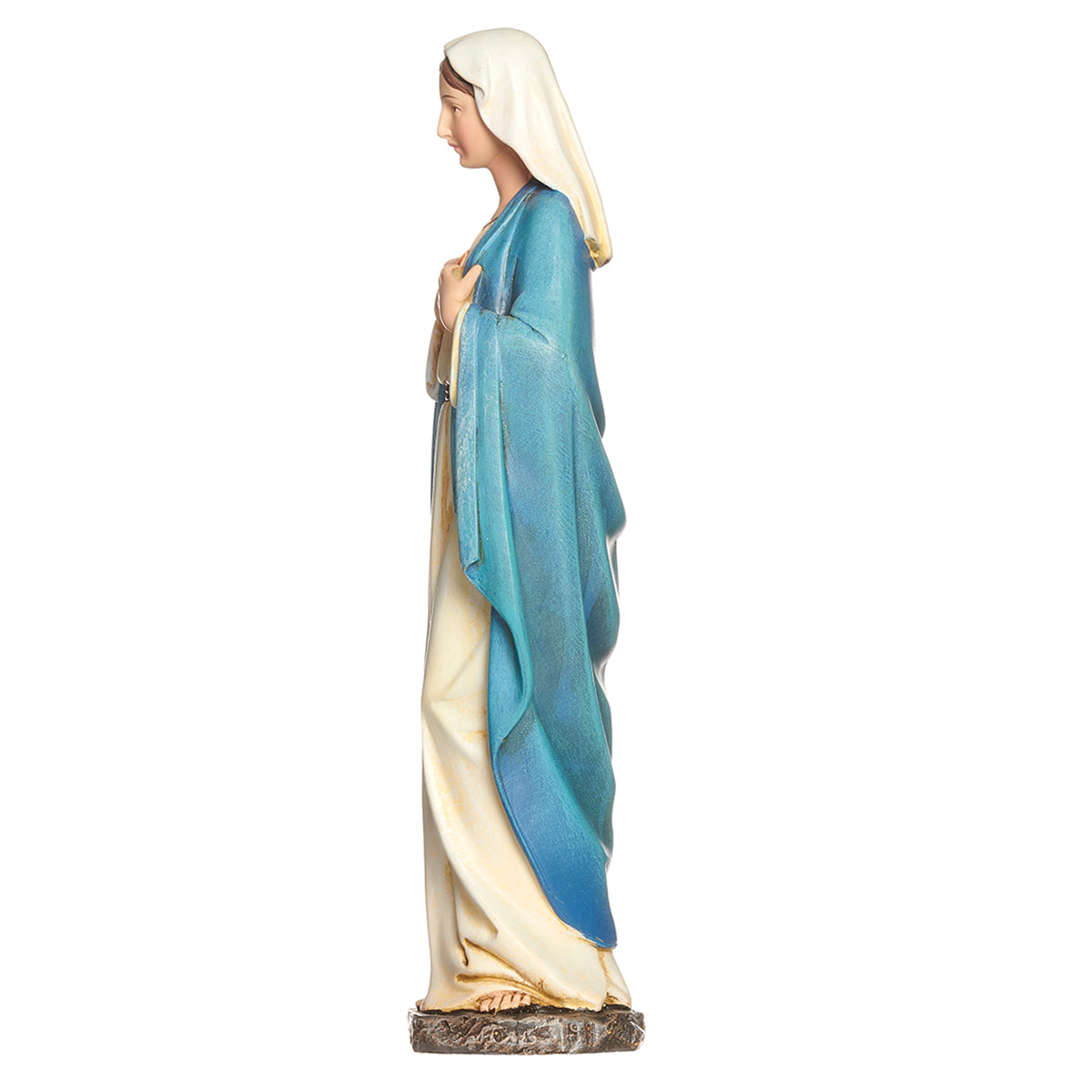Side view of Joseph's Studio Immaculate Heart of Mary Figure showing Mary's white veil, blue mantle, and hands held near her heart