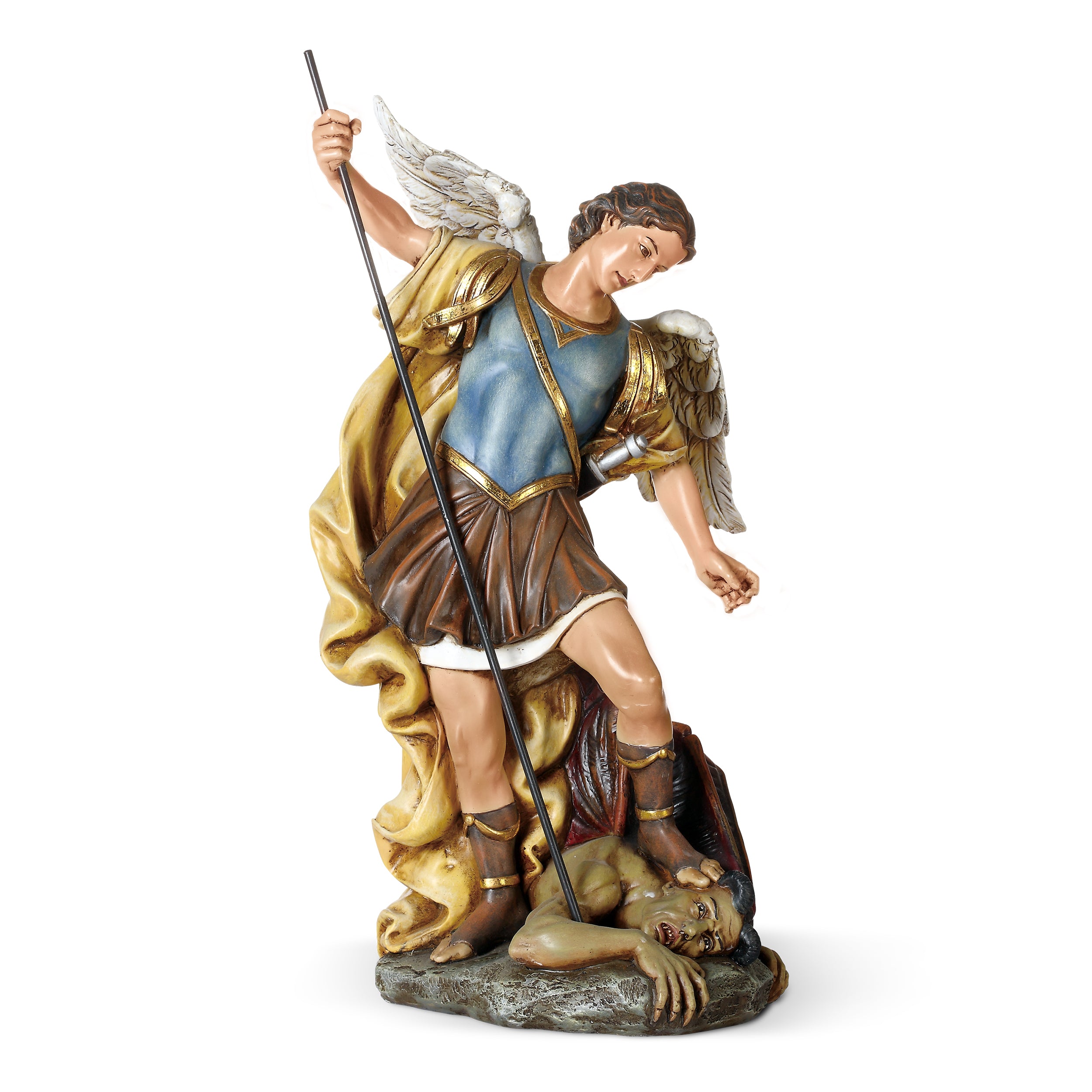 Statue of an angel holding a spear on a white background