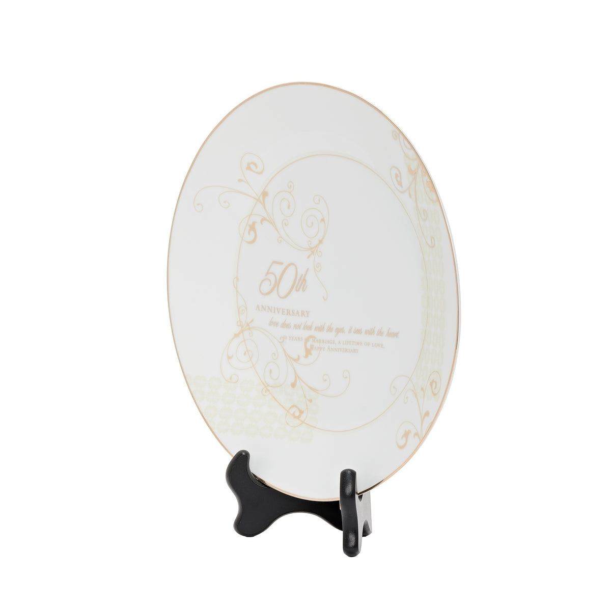 Angled front view of 50th anniversary plate showing its gold-toned detailing and display stand.
