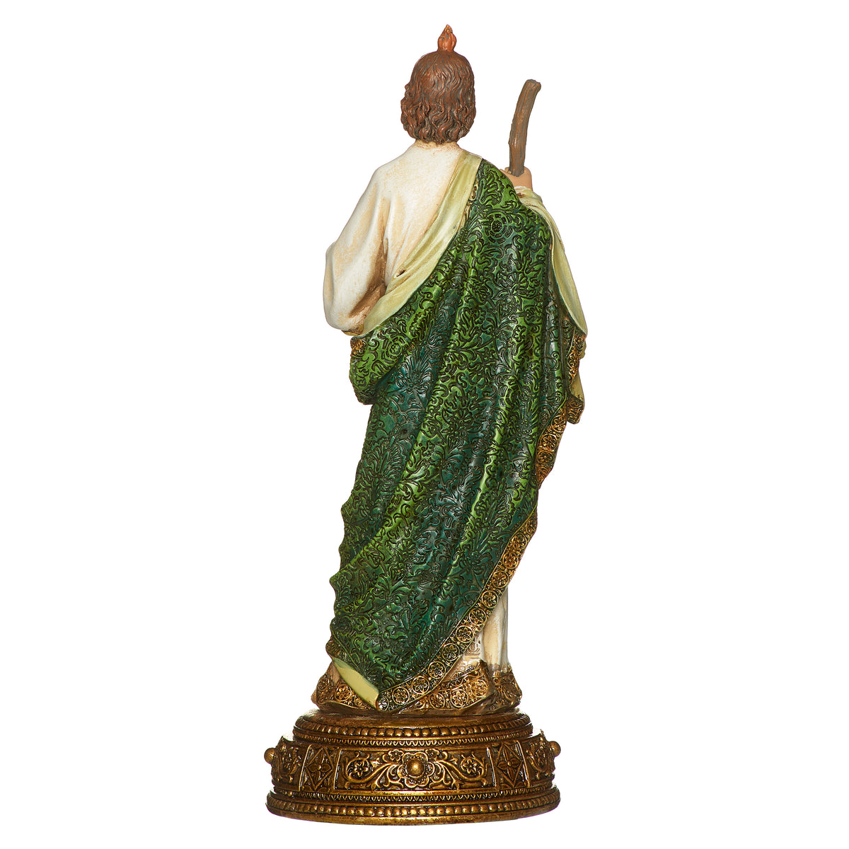 Back view of Joseph’s Studio St. Jude Figure showing the flowing green robe, sculpted garment folds, and ornate pedestal