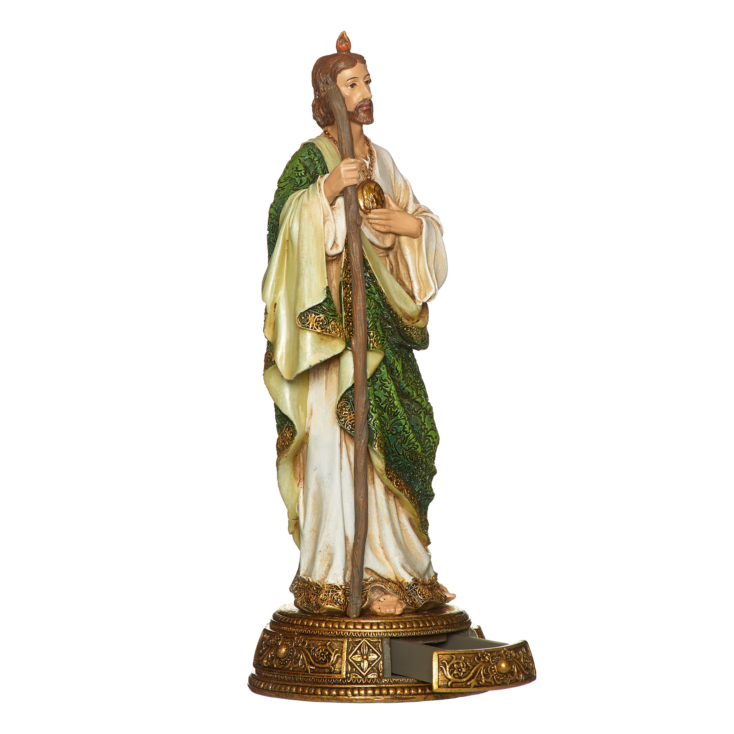 Statue of a religious figure holding a staff on a white background