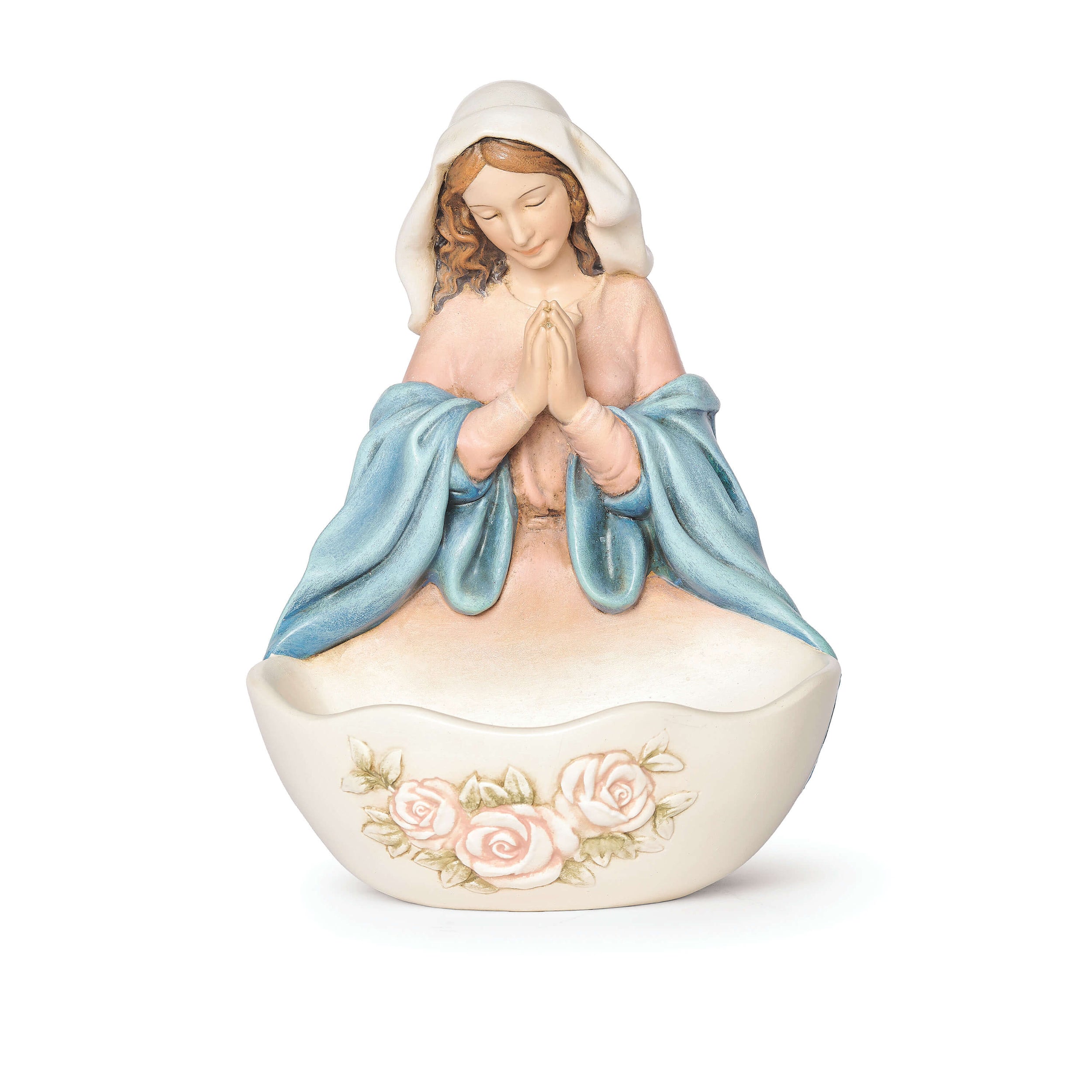 Statue of a woman in prayer with a floral design on a white background