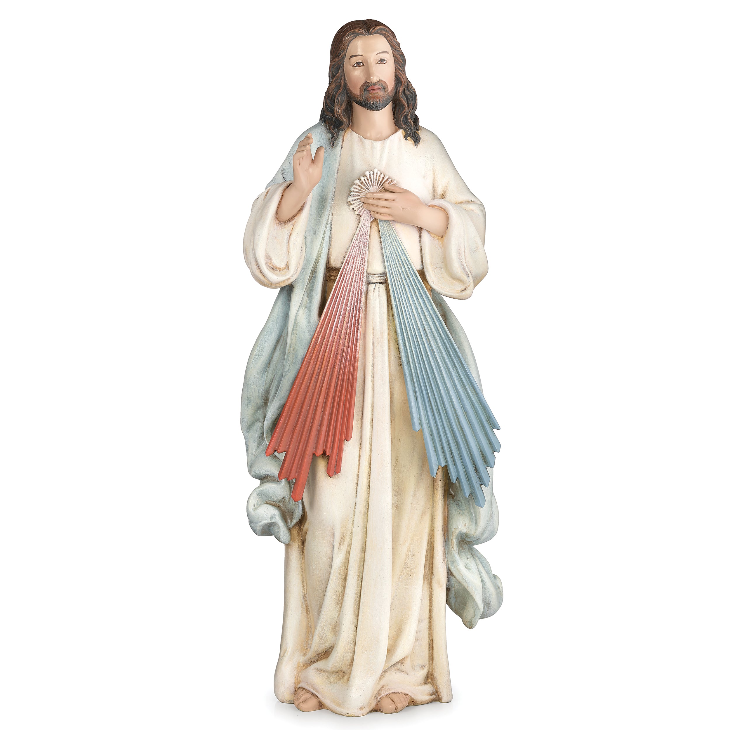 Statue of a religious figure with colorful radiance on a white background