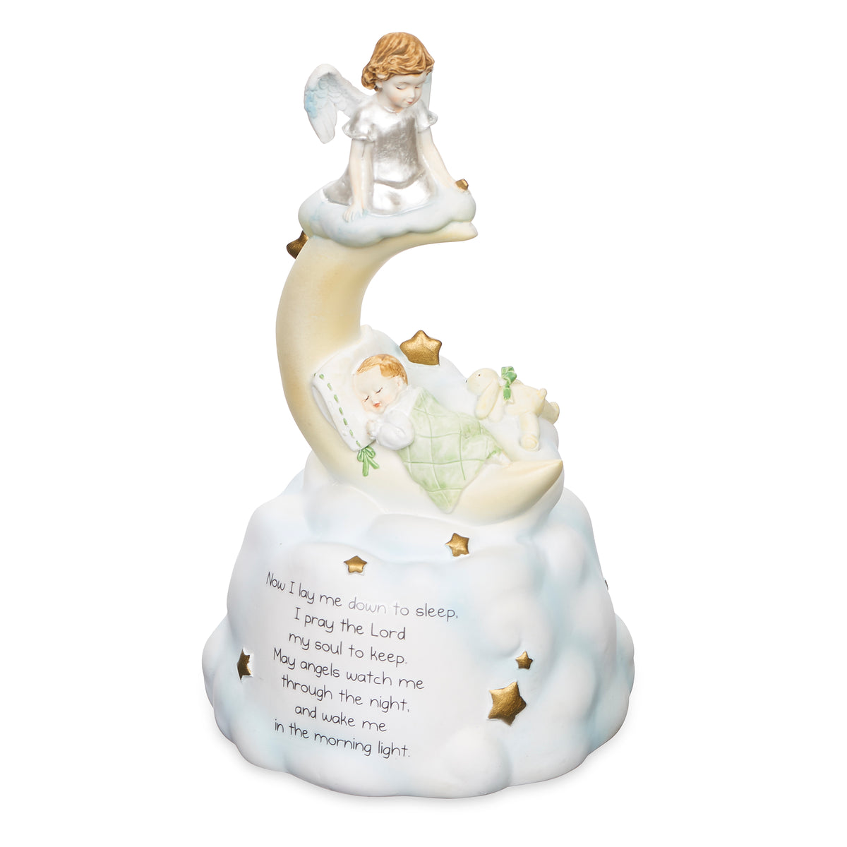 Now I Lay Me Down to Sleep Musical Figure featuring an angel watching over a sleeping baby on a crescent moon above a cloud-shaped prayer base