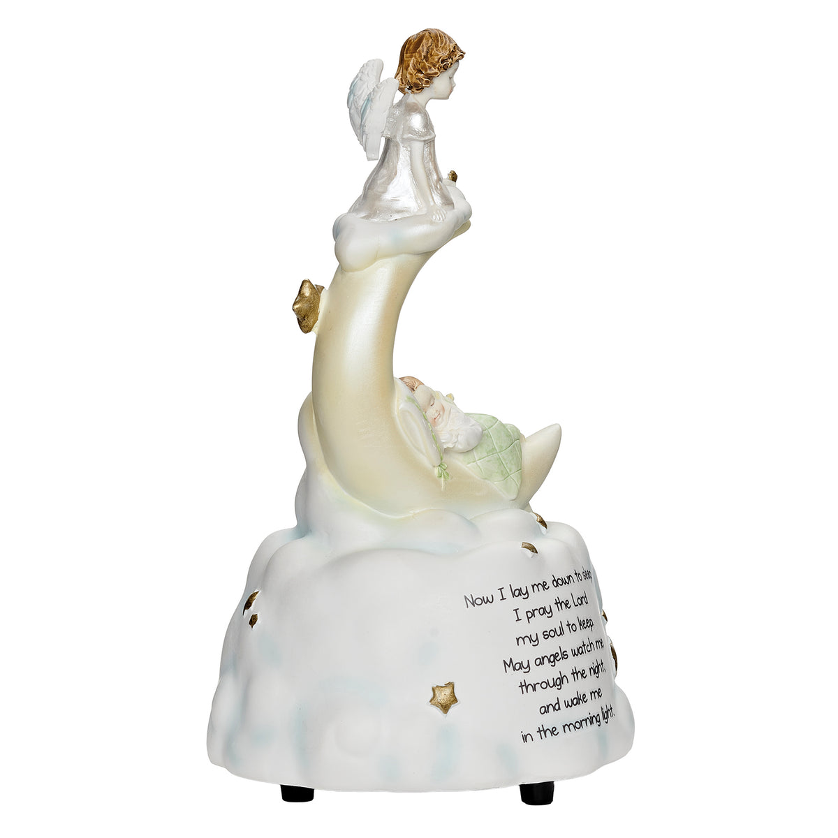 Side view of Now I Lay Me Down to Sleep Musical Figure showing the angel watching over the sleeping baby and prayer-inscribed base