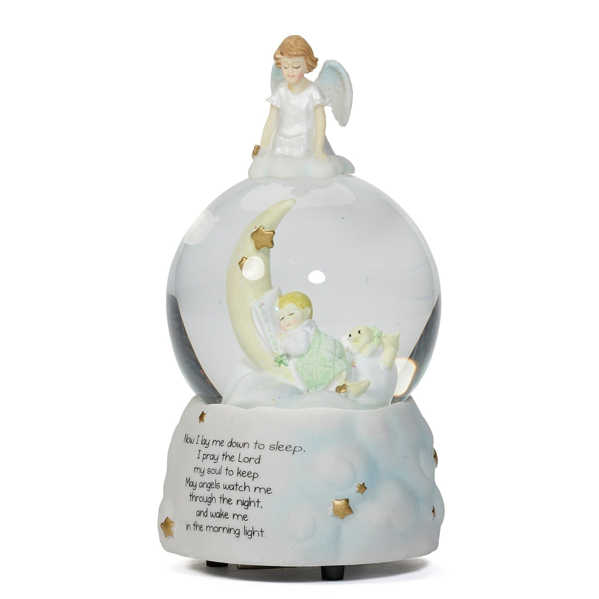 Front angled view of Glitterdome Bedtime Prayer Musical showing the guardian angel, crescent moon, sleeping baby, and cloud-shaped base