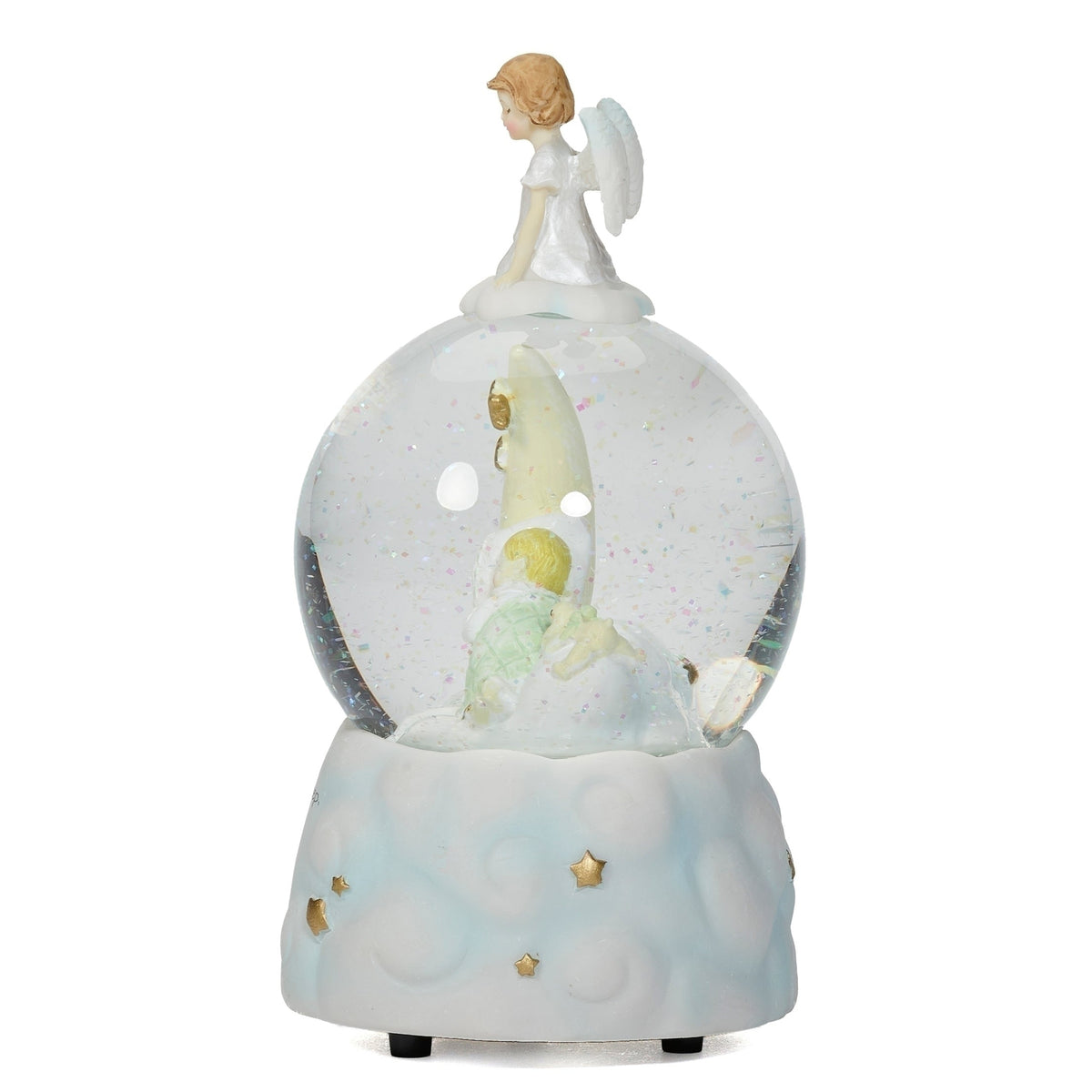 Side view of Glitterdome Bedtime Prayer Musical showing the glass globe, crescent moon, angel figure, and sculpted cloud base