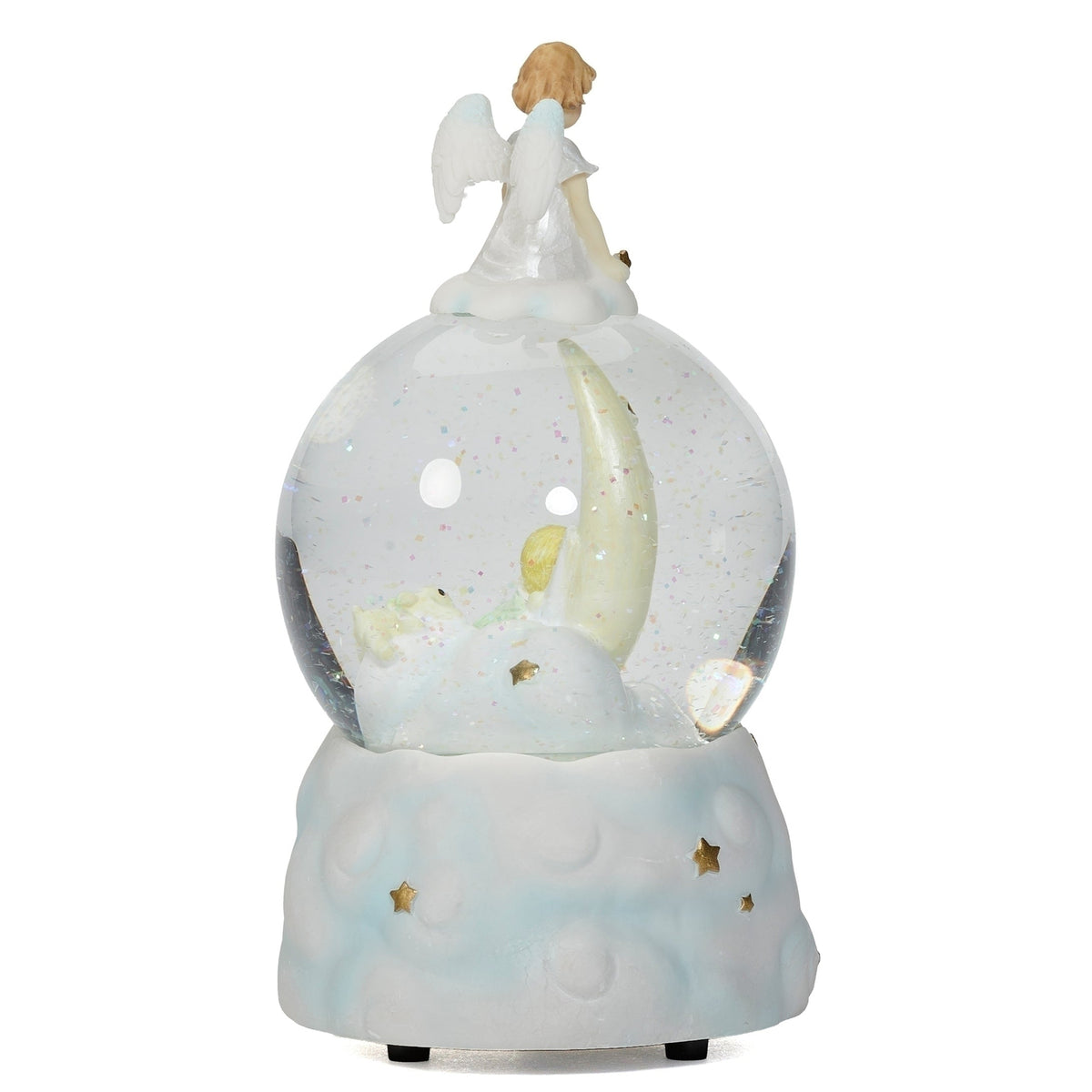 Back view of Glitterdome Bedtime Prayer Musical showing the crescent moon scene inside the globe and star-detailed base