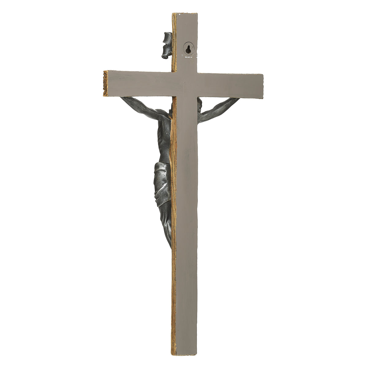 Side view of Joseph's Studio Antique Silver Crucifix showing the narrow cross profile and sculpted Christ figure