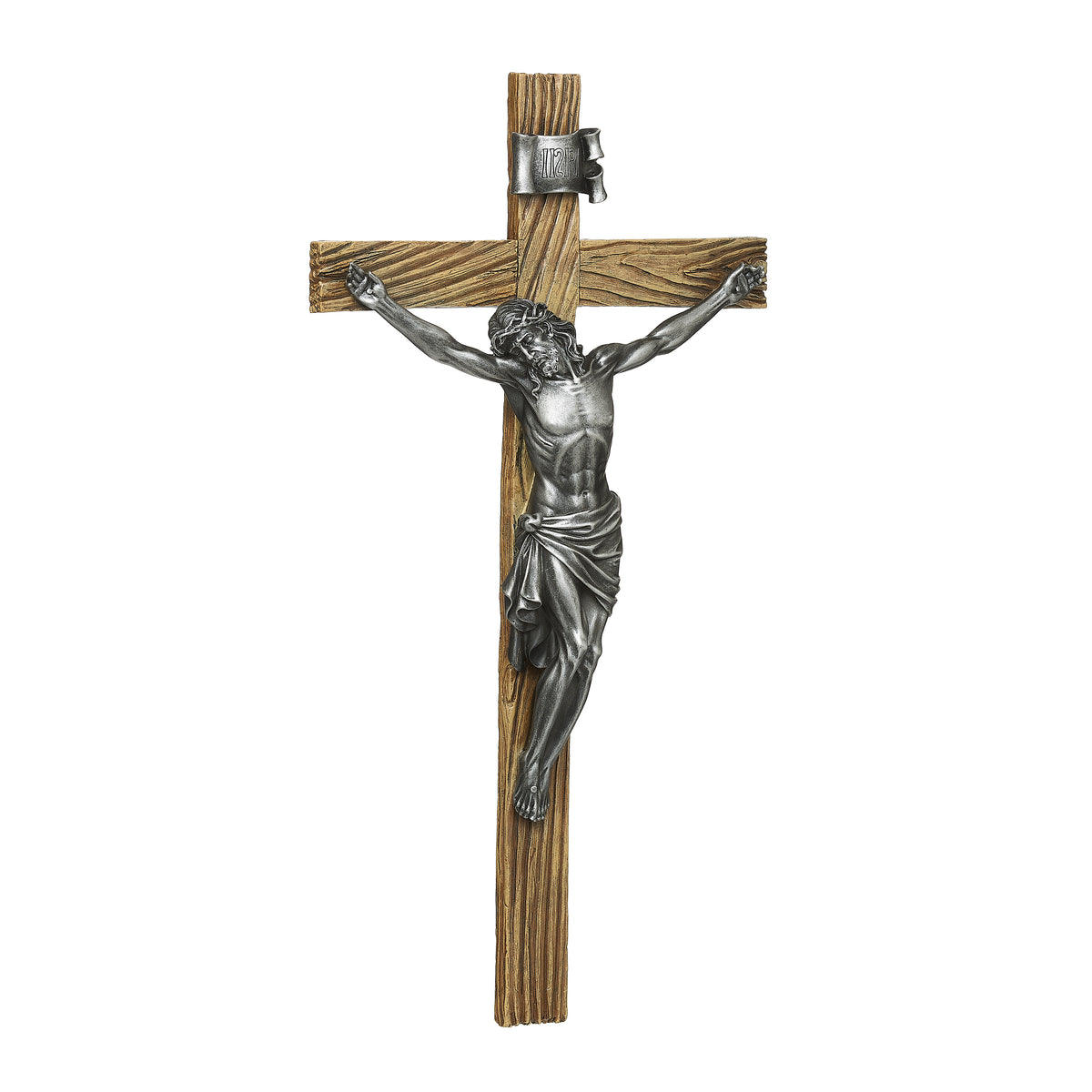 Front view of Joseph's Studio Antique Silver Crucifix showing Christ on the textured cross with antique silver detailing