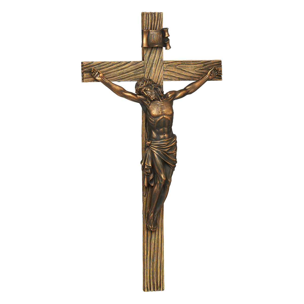 Alternate front view of Joseph's Studio Antique Gold Crucifix highlighting Christ, the textured cross, and antique gold finish