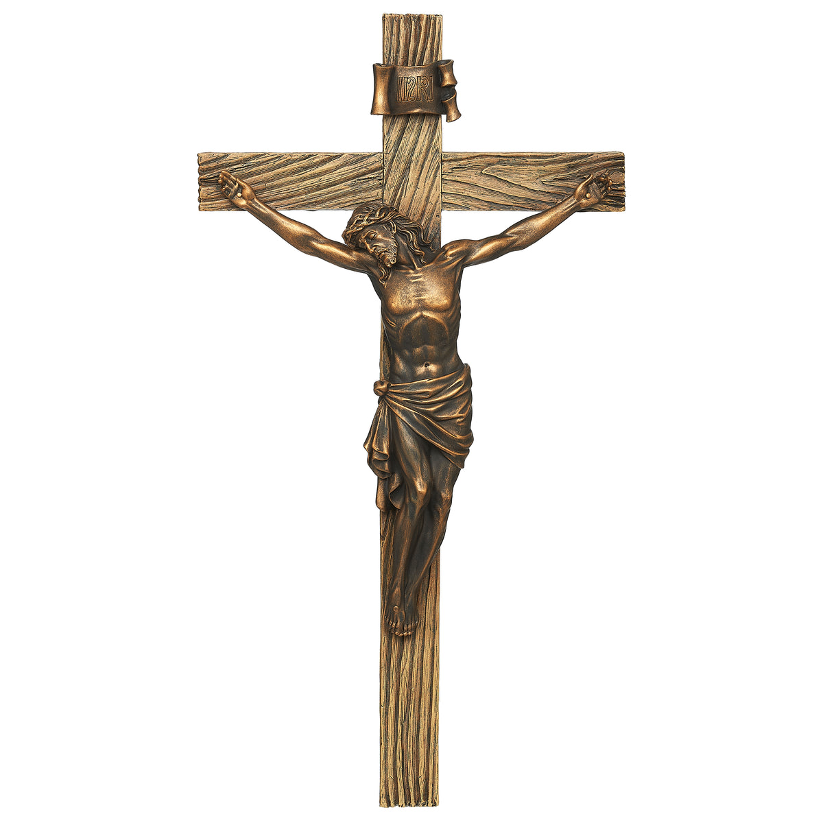 Front angled view of Joseph's Studio Antique Gold Crucifix showing the detailed corpus and rustic wood-look cross texture