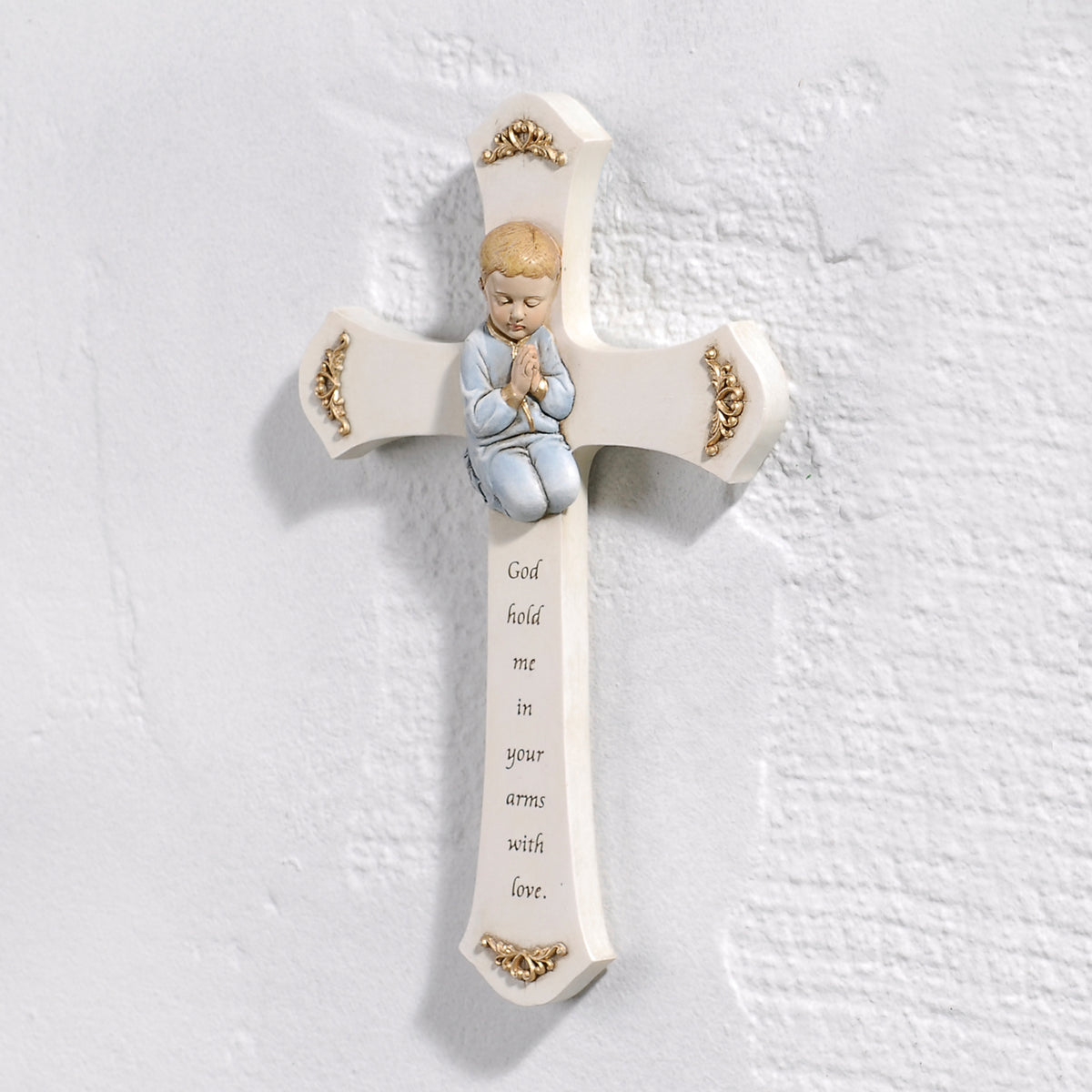 Joseph's Studio Praying Child Wall Cross displayed on a wall showing the blue-clad child kneeling in prayer