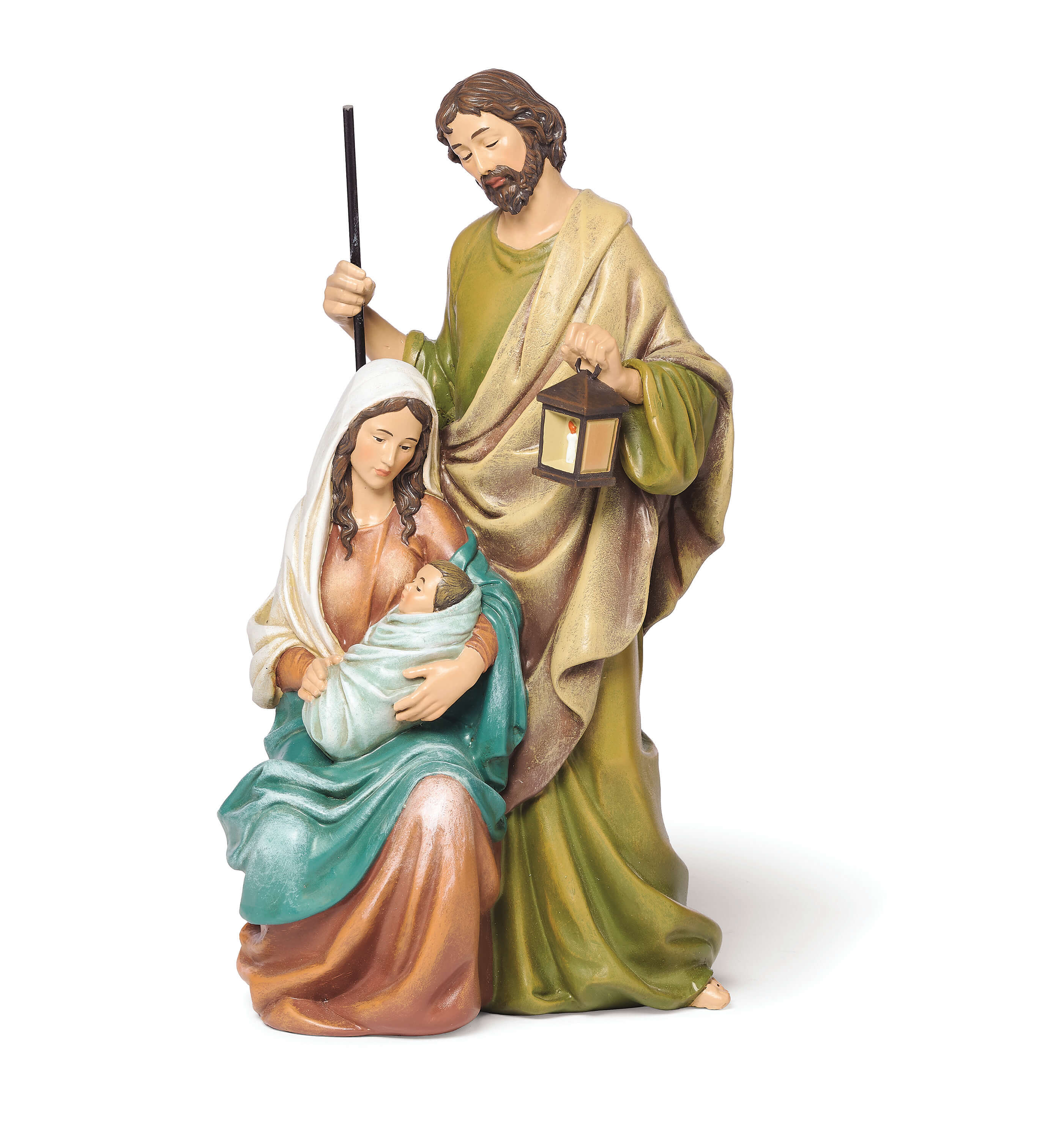 Statue of a man, woman, and child holding a lantern on a white background
