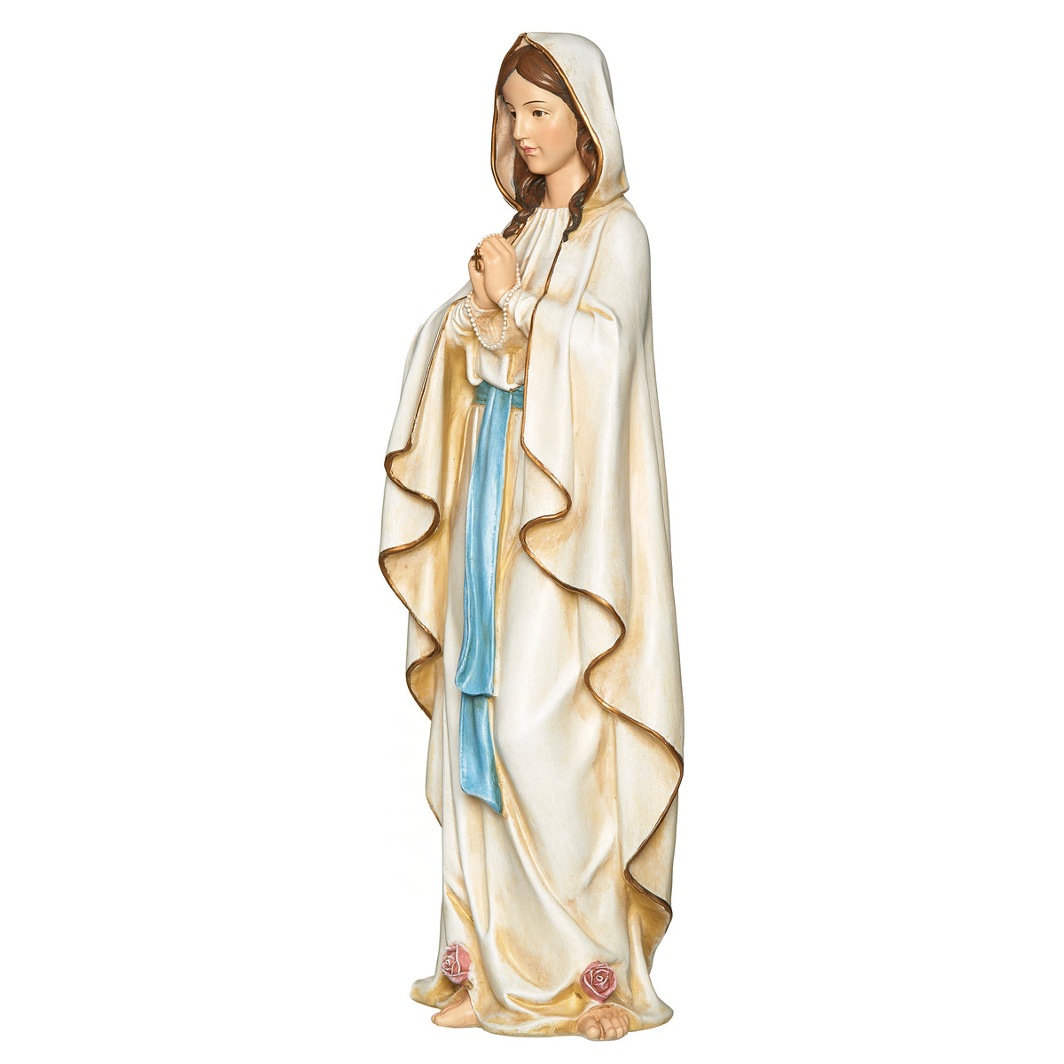 Front view of Joseph's Studio Our Lady of Lourdes Figure showing Mary with folded hands, blue sash, and gold-trimmed white mantle
