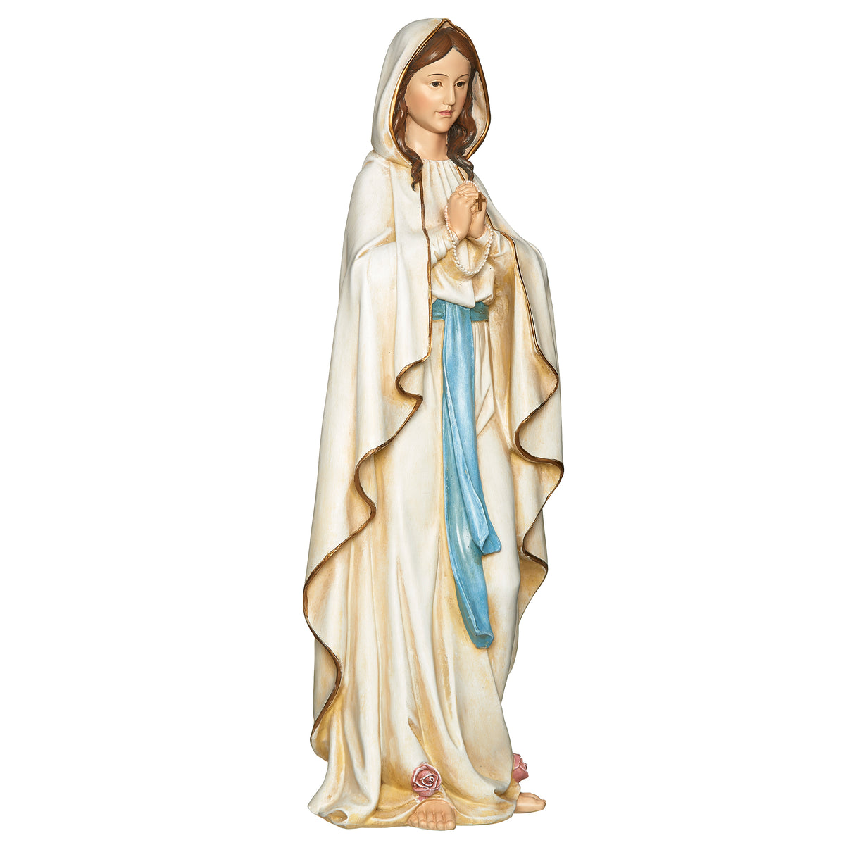 Alternate front view of Joseph's Studio Our Lady of Lourdes Figure highlighting Mary's serene expression, white robes, and blue sash