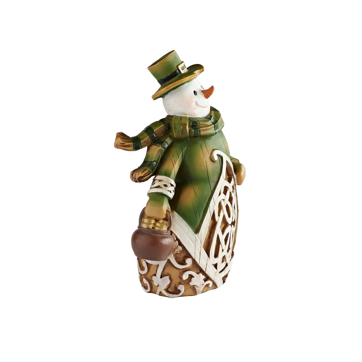 Side view of Irish Snowman Figure showing the green outfit, top hat, and Celtic-inspired details