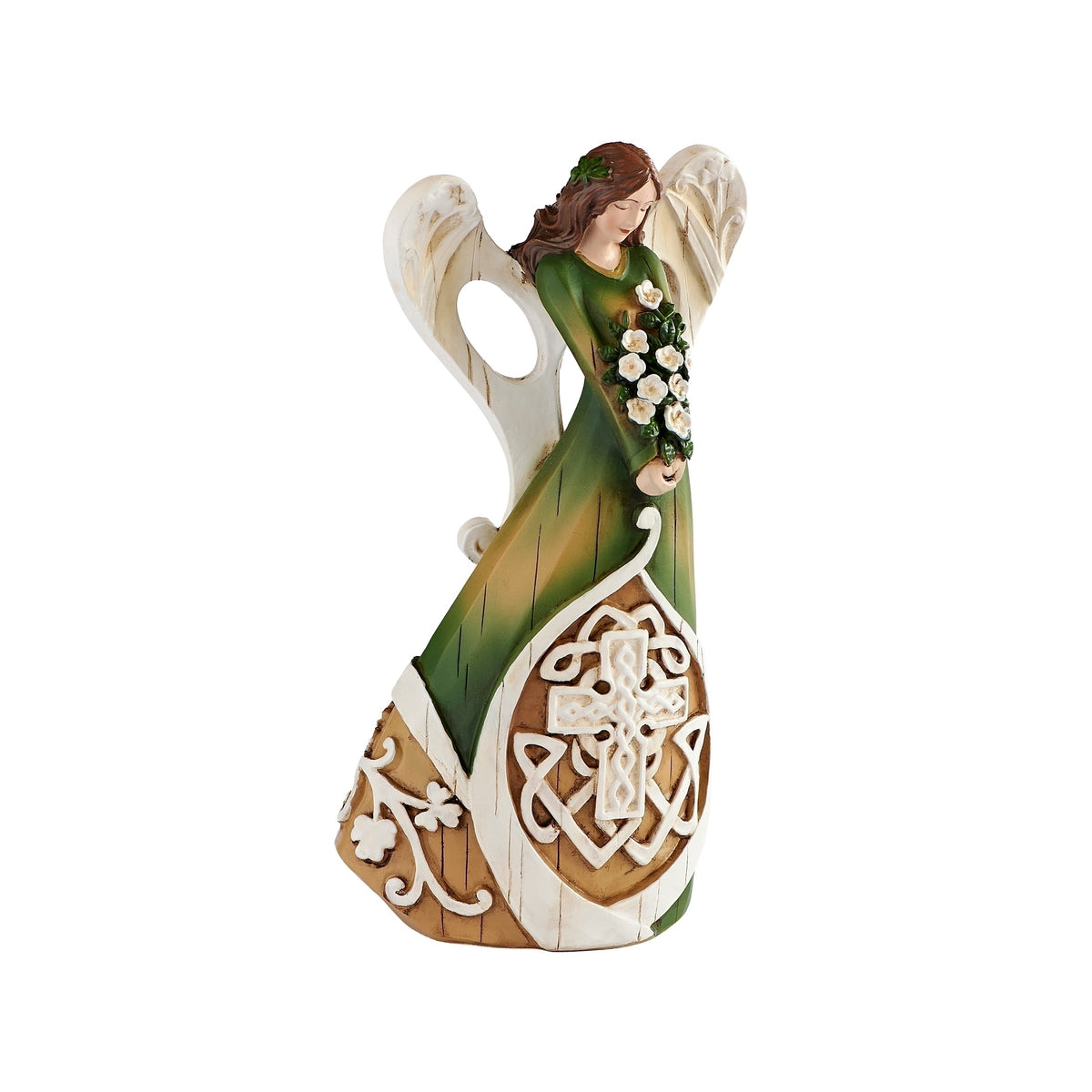 Opposite side view of Irish Angel Figure showing the white wings and intricate Celtic pattern on the gown