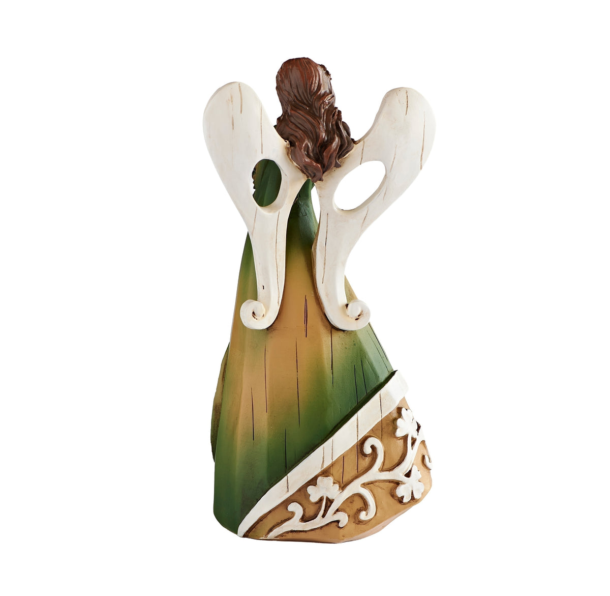 Back view of Irish Angel Figure showing the sculpted white wings and flowing green gown