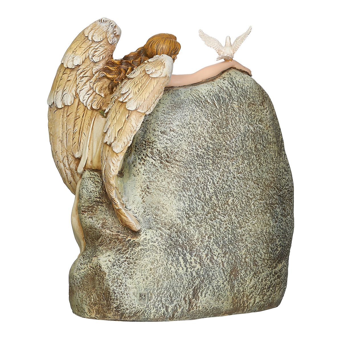 Side view of Joseph's Studio Memorial Angel Garden Stone showing the angel's flowing gown, large wings, and tall stone form