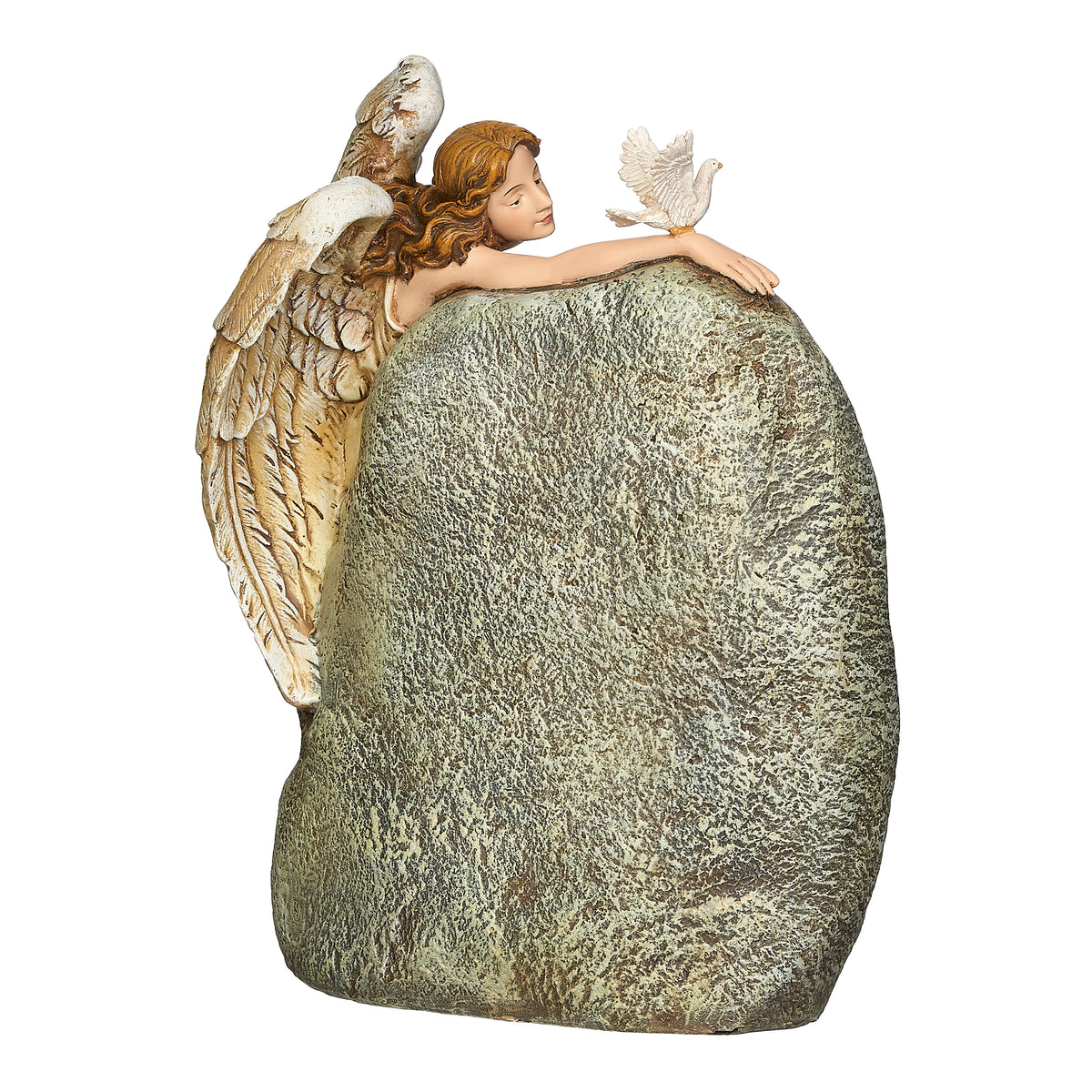 Back angled view of Joseph's Studio Memorial Angel Garden Stone showing the angel's wings and the rear of the stone-look memorial base