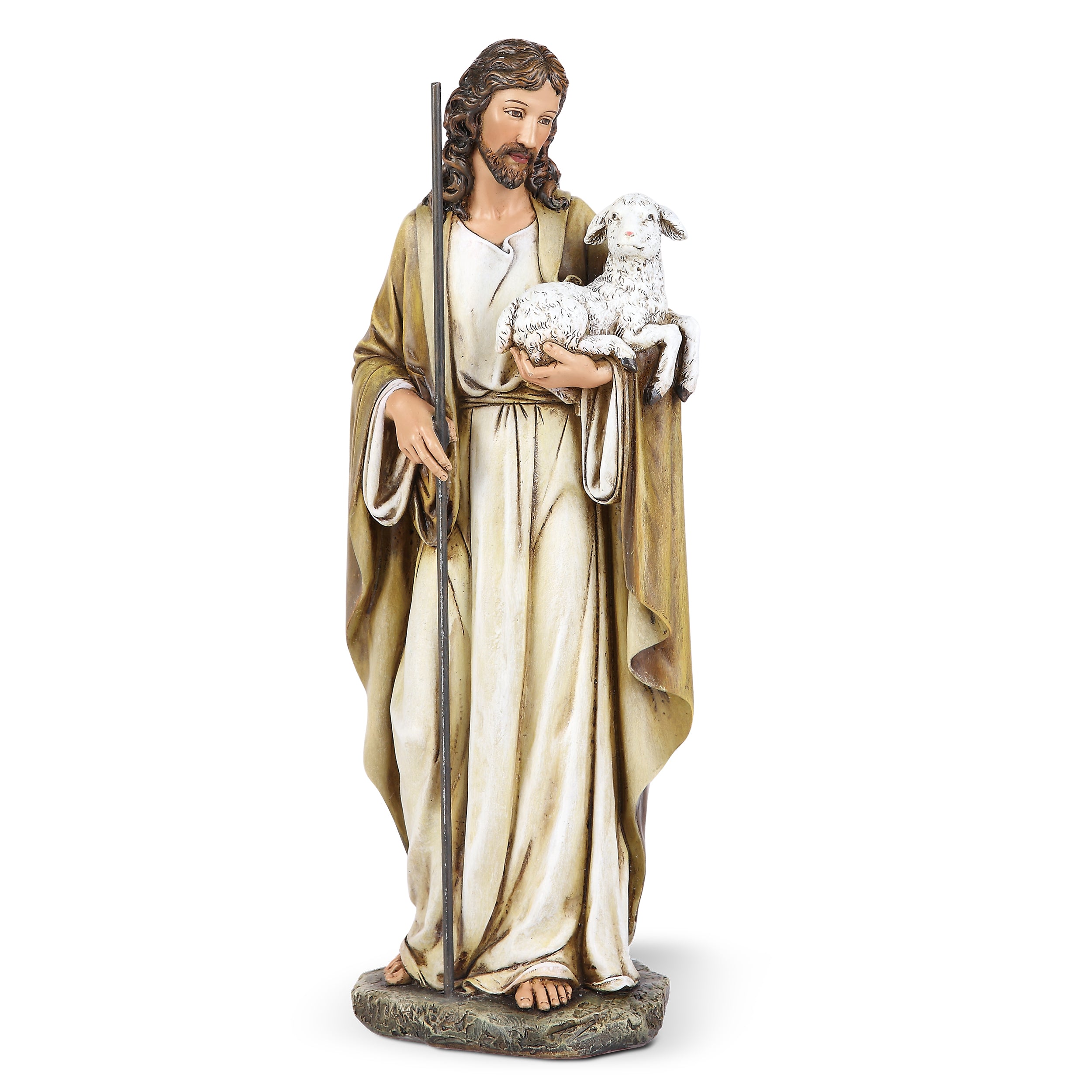 Statue of a religious figure holding a lamb on a white background