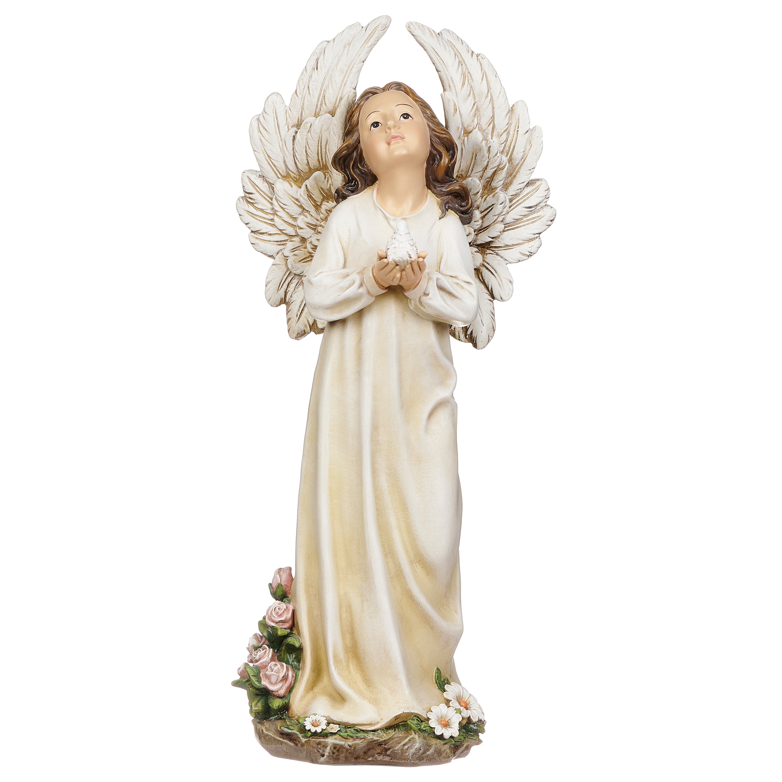 Figurina Angelo In Resina Color Crema 17 Cm - Finitura Effetto Pietra Con Ali Glitterate, Oggetto Decorativo