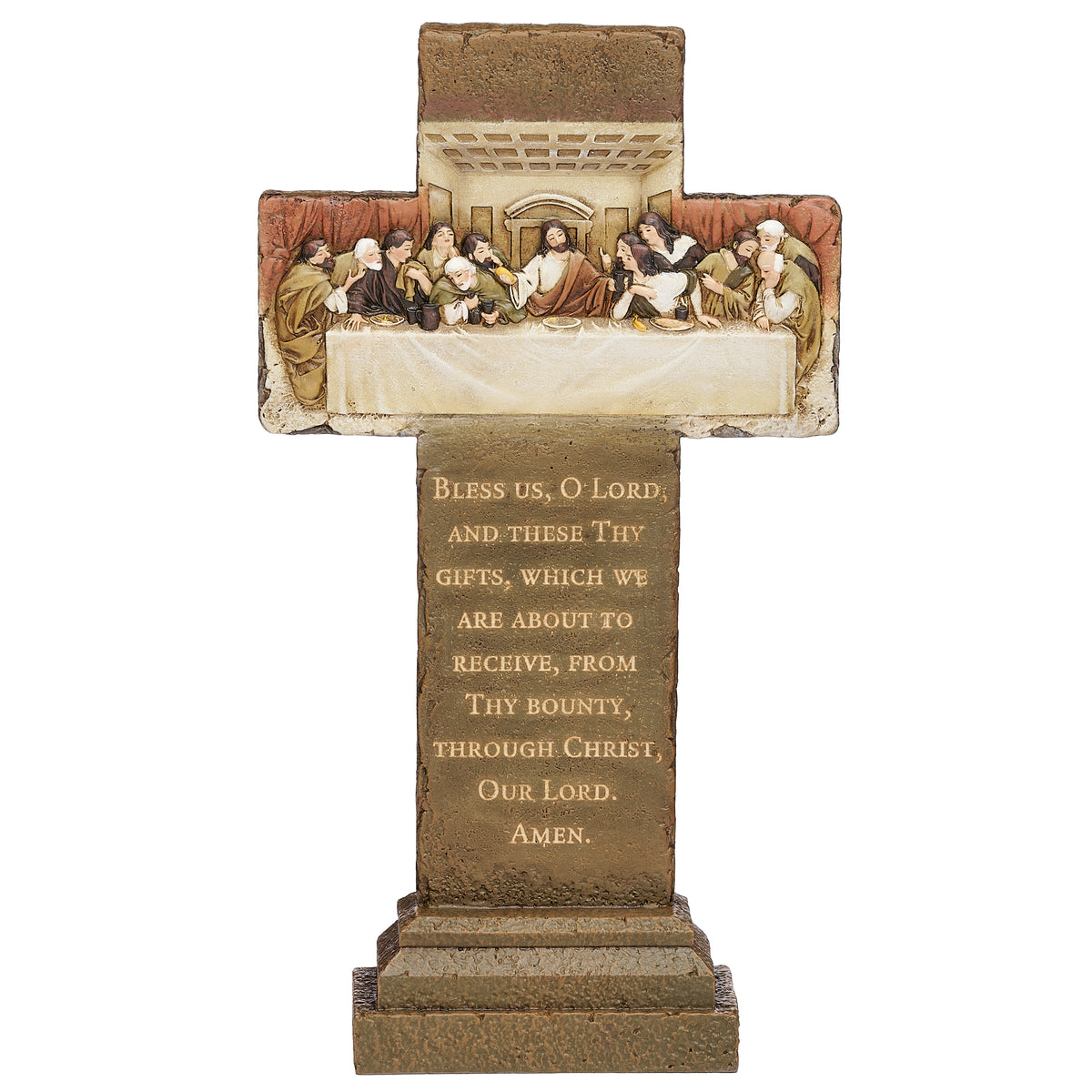 Front view of Joseph's Studio Last Supper Tabletop Cross showing Jesus and the Apostles across the crossbeam with the devotional inscription beneath