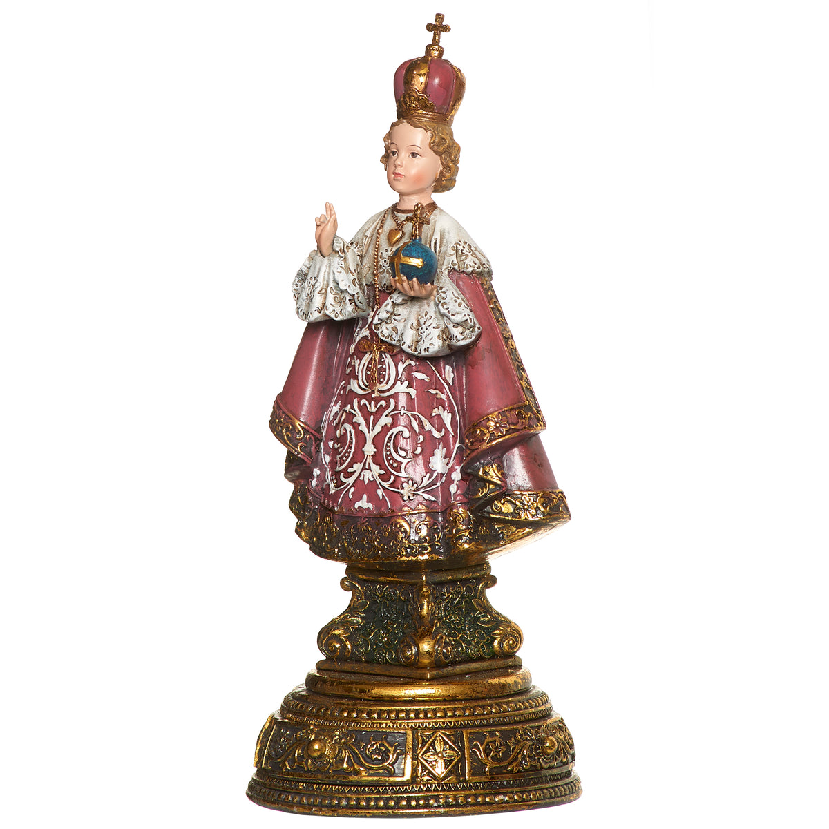 Opposite front angled view of Joseph's Studio Infant of Prague Figure highlighting the crown, raised hand, blue orb, patterned robes, and gold base