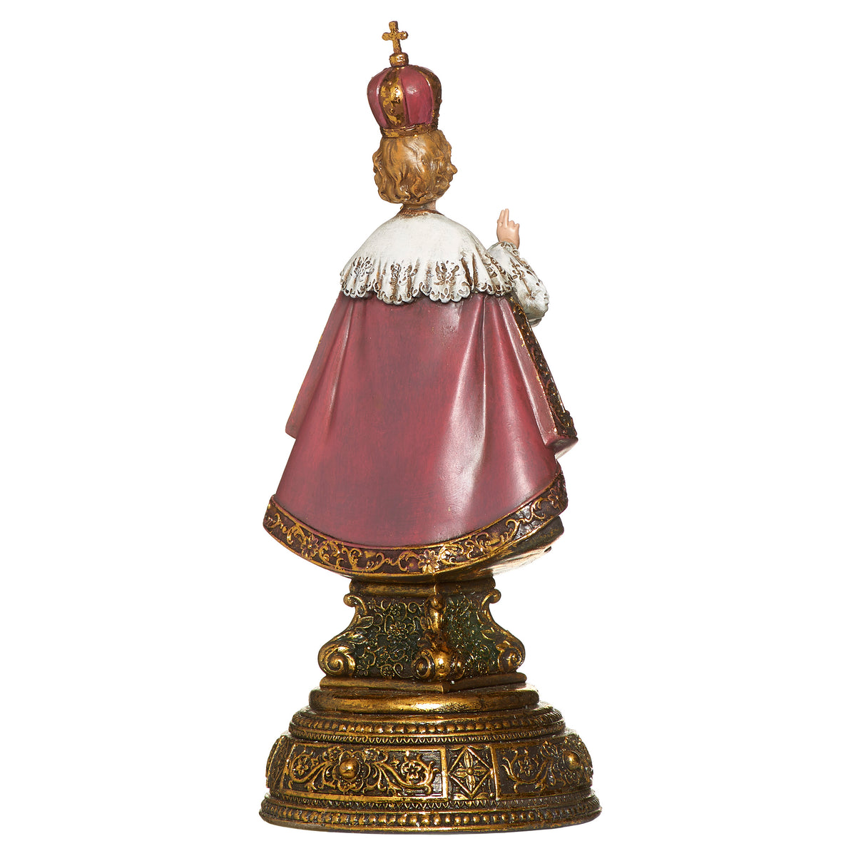 Back view of Joseph's Studio Infant of Prague Figure showing the full red cape, white collar, crown, and sculpted pedestal