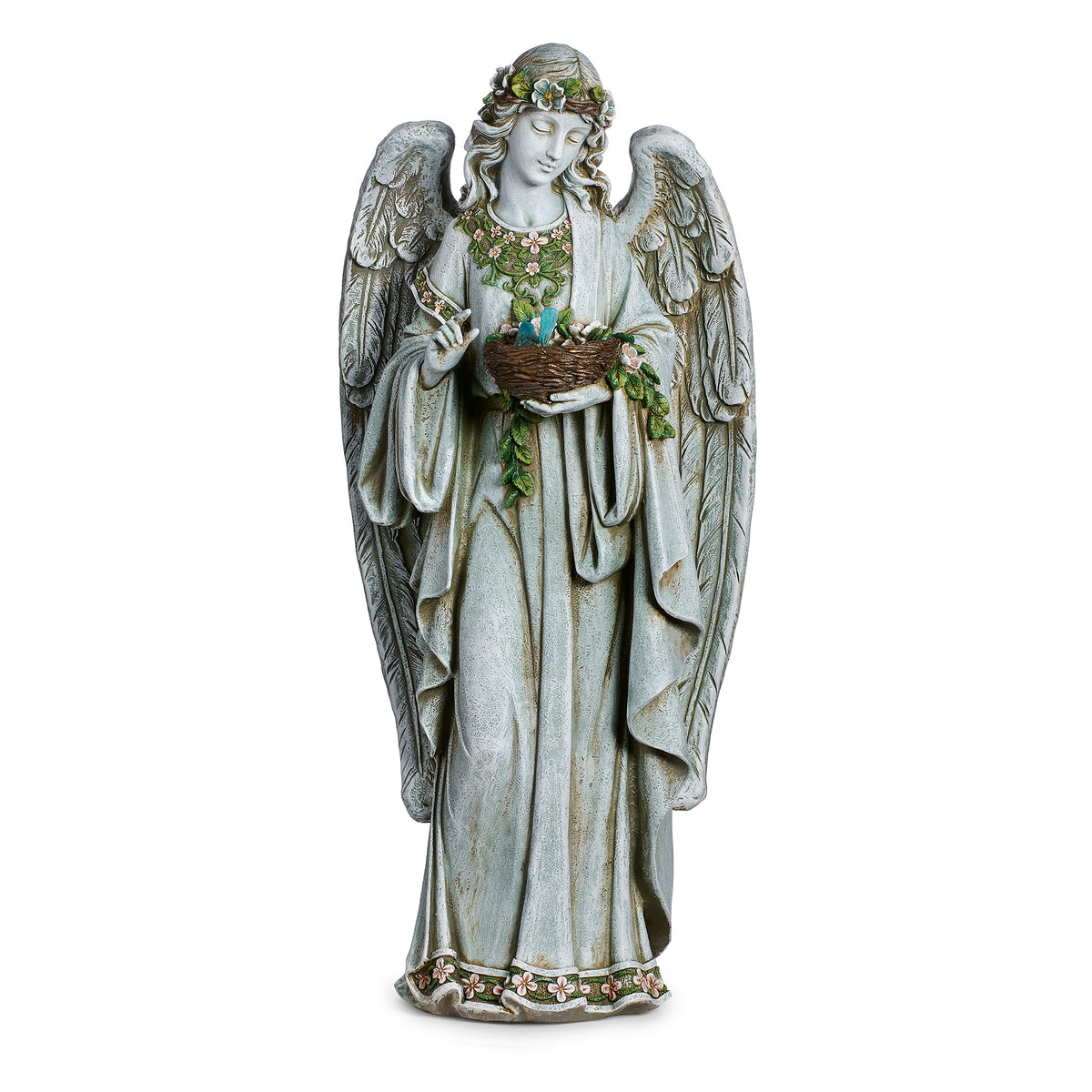 Front angled view of Joseph's Studio Angel Holding Nest Garden Statue showing the nest held in both hands, floral accents, and detailed wings