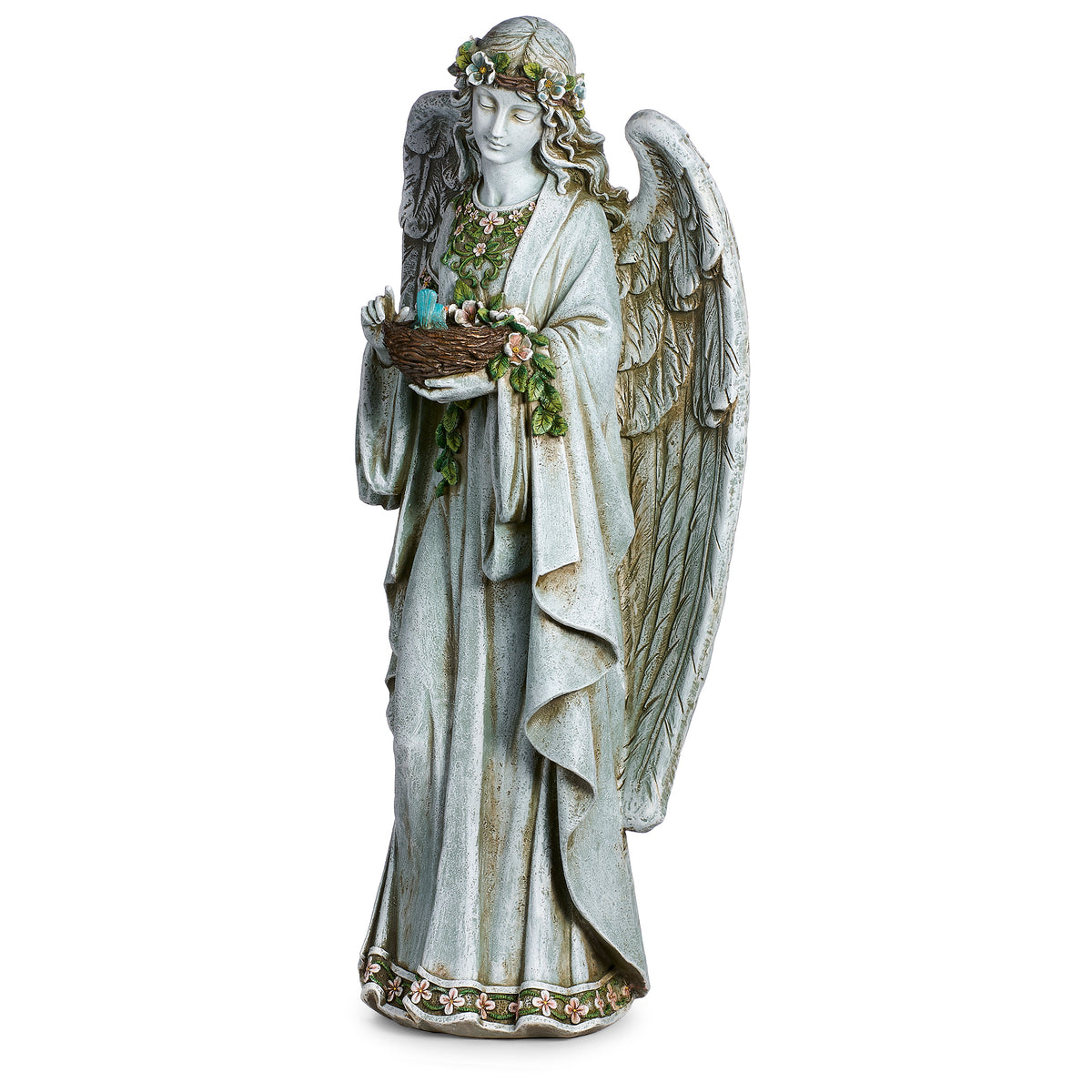 Front view of Joseph's Studio Angel Holding Nest Garden Statue showing the angel holding the bird's nest against her flowing floral-decorated gown