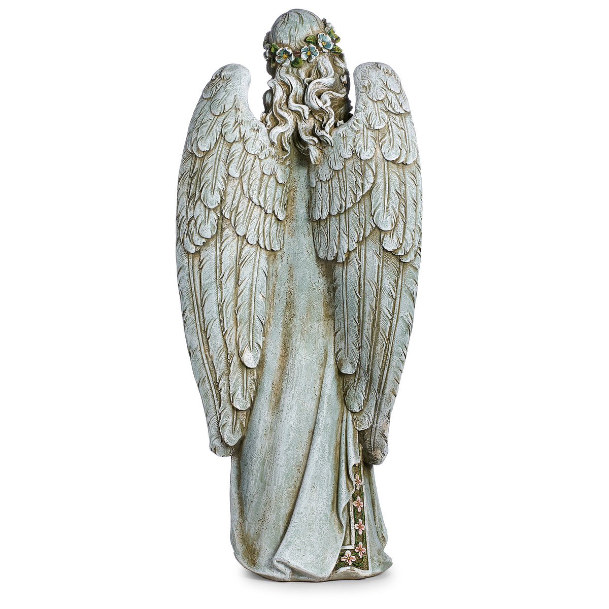 Back view of Joseph's Studio Angel Holding Nest Garden Statue showing the large layered wings and long flowing gown