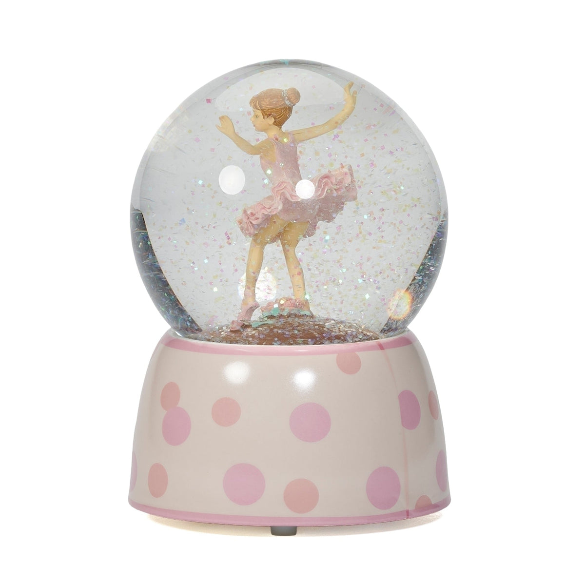 Front view of Glitterdome Musical Dancing Ballerina showing the dancer posed inside the clear globe above the pink polka dot base